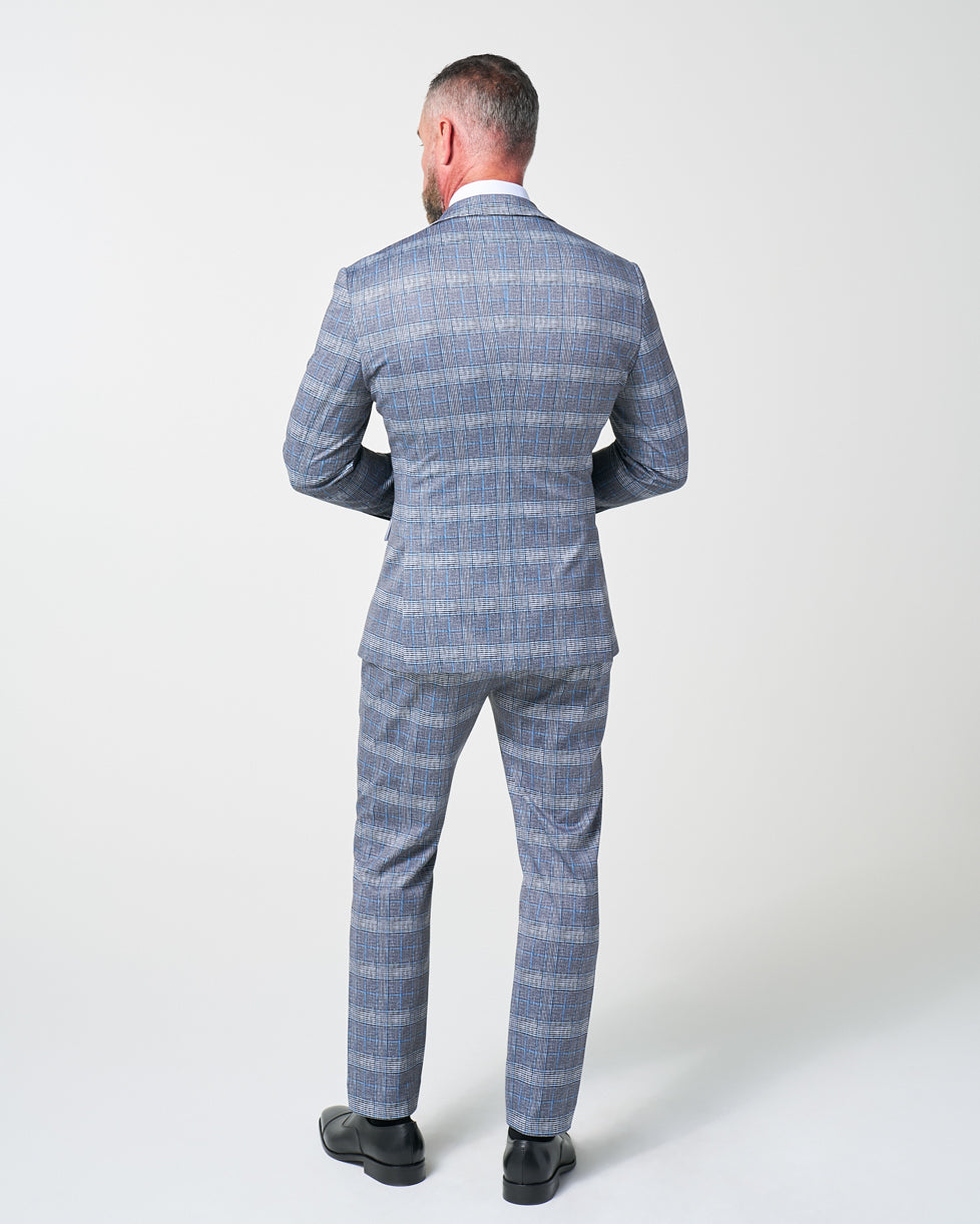 Athletic Fit Stretch Suit - Grey with Blue Plaid