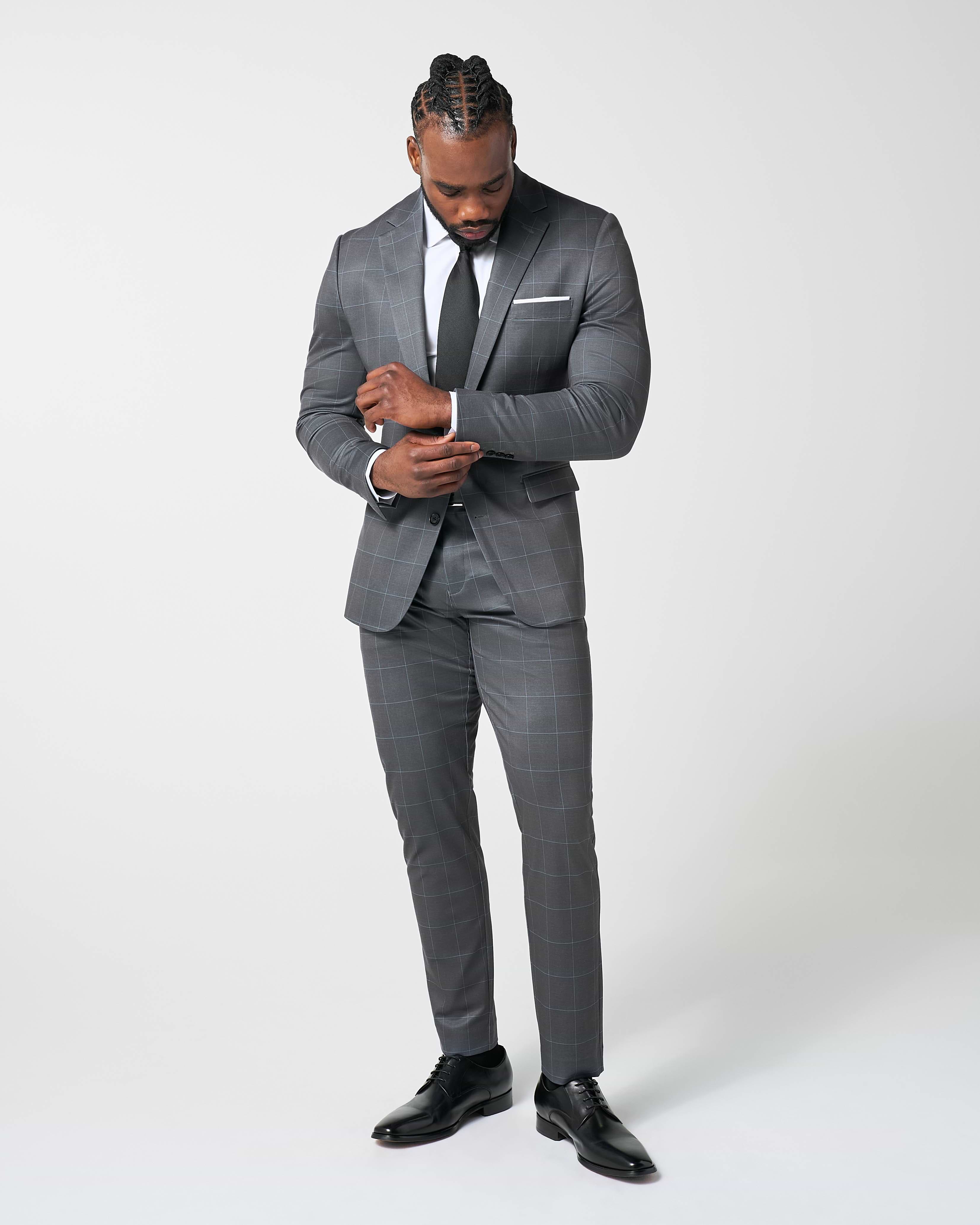 Athletic Fit Stretch Suit - Grey and White Big Windowpane