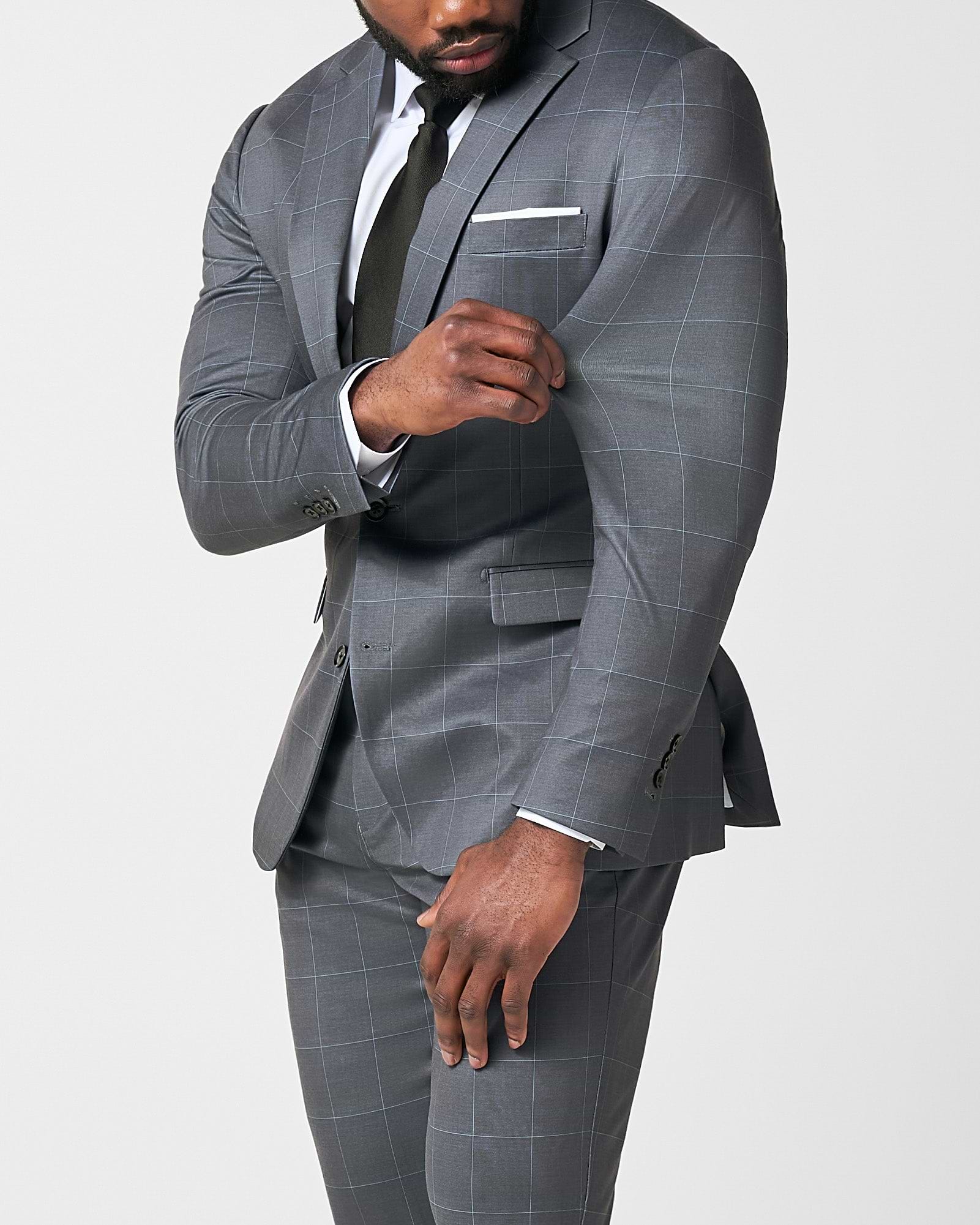 Athletic Fit Stretch Suit - Grey and White Big Windowpane