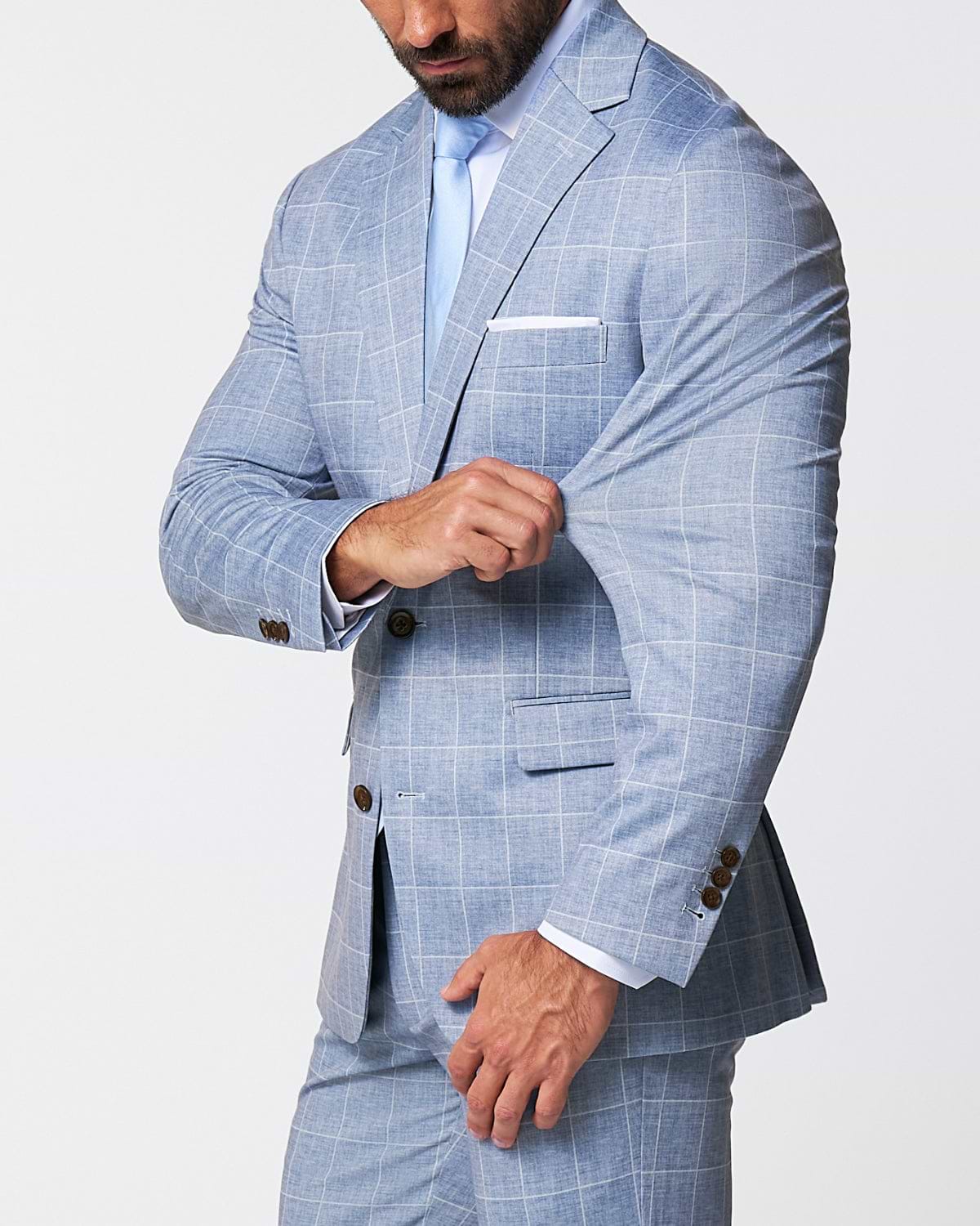 Athletic Fit Stretch Suit - Ice Light Blue Windowpane