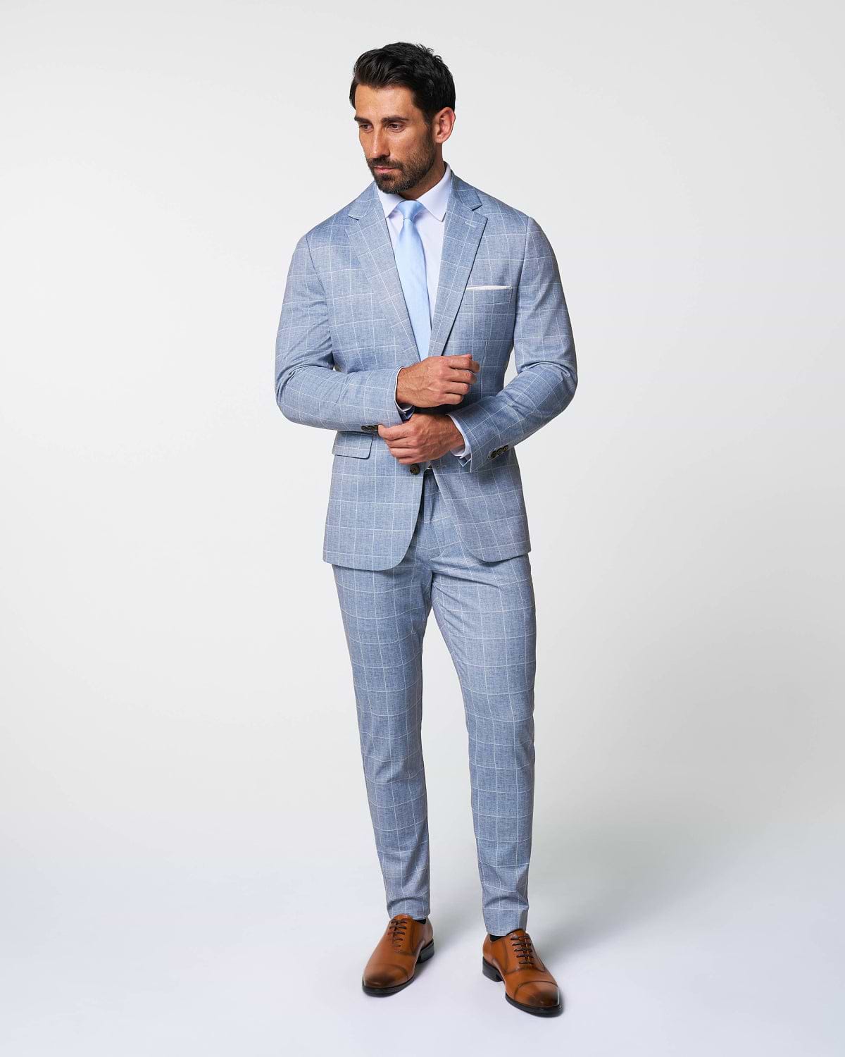Athletic Fit Stretch Suit - Ice Light Blue Windowpane