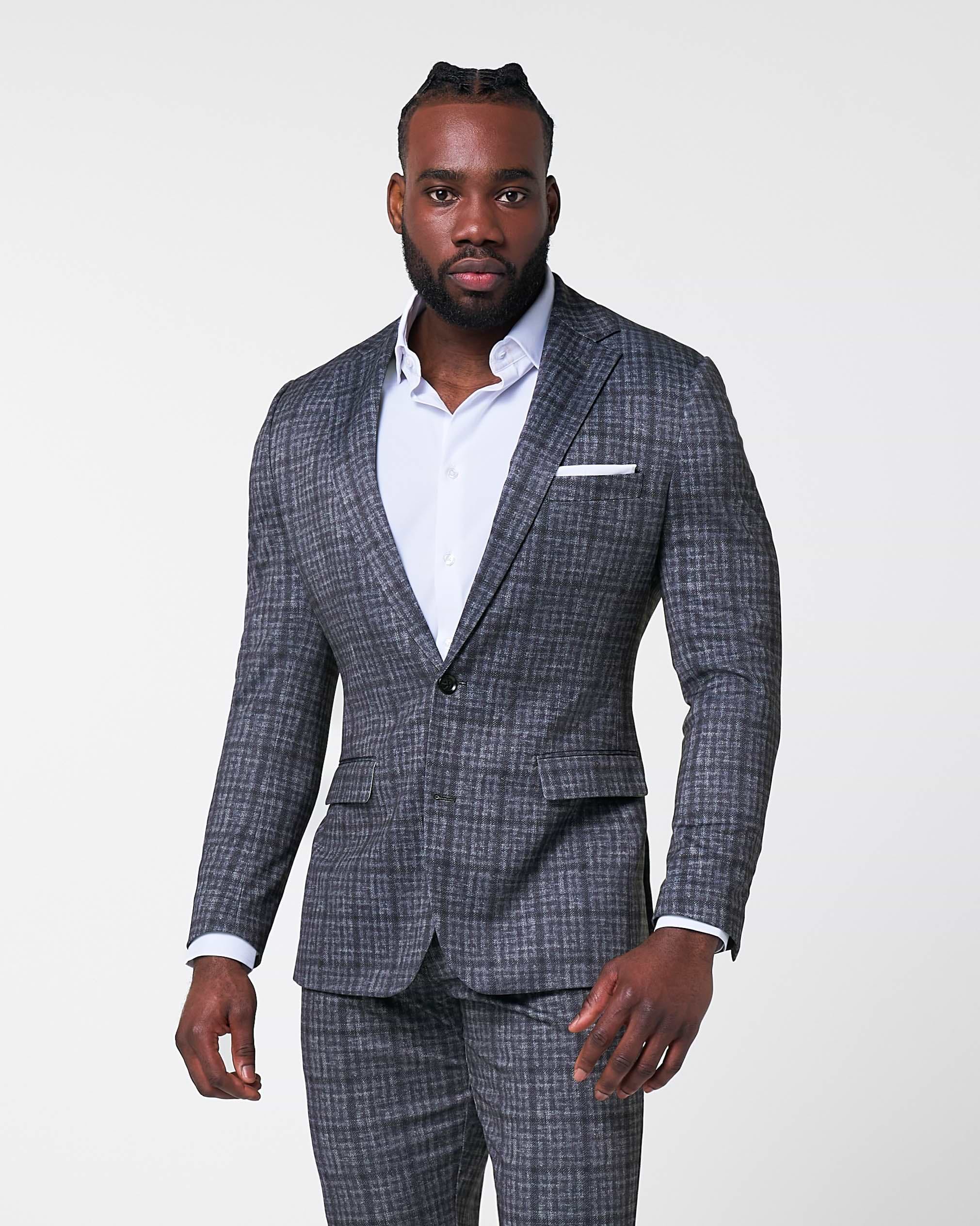 Athletic Fit Stretch Suit - Iron Grey & Charcoal Plaid