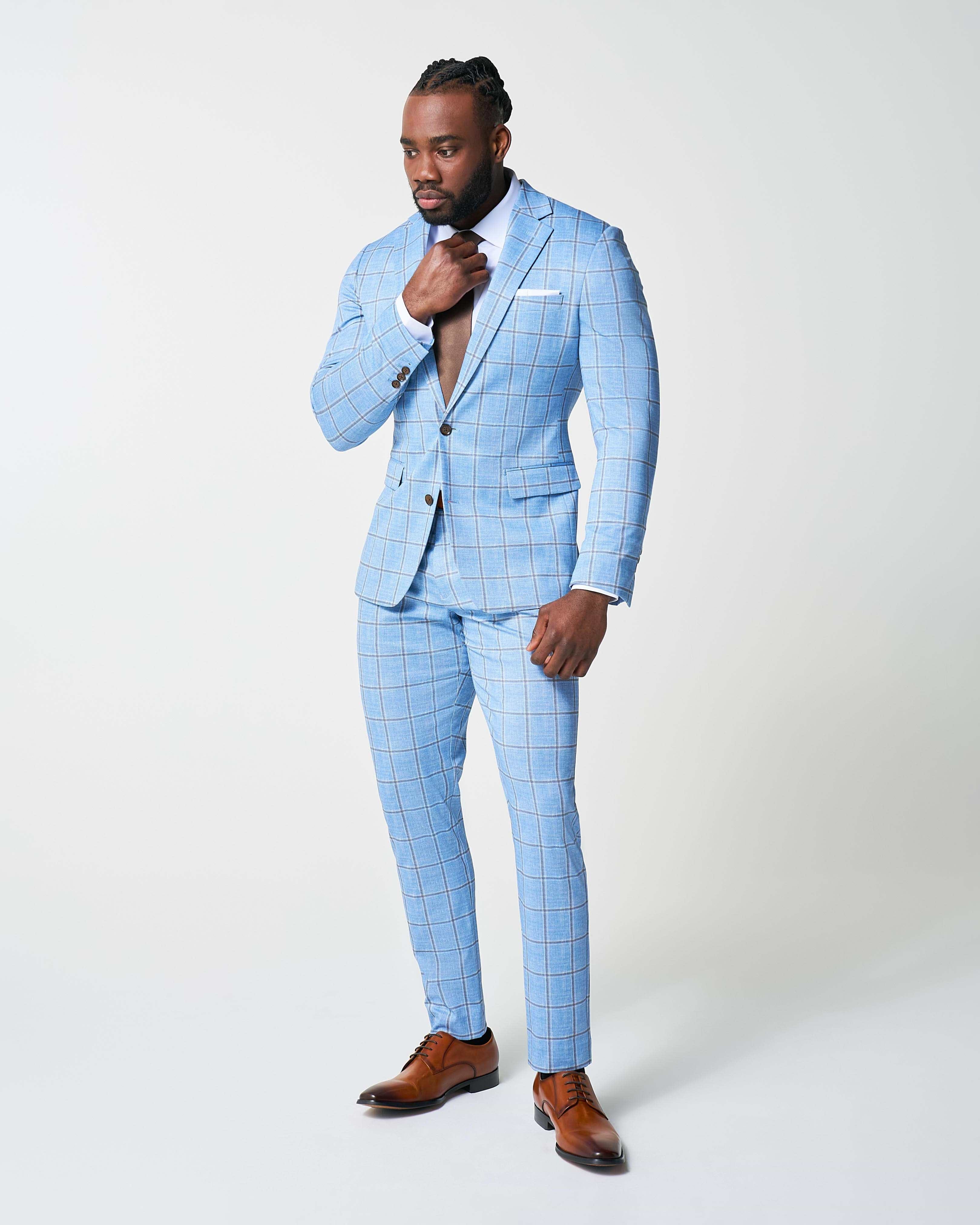 Athletic Fit Stretch Suit - Light Blue and Brown Big Windowpane