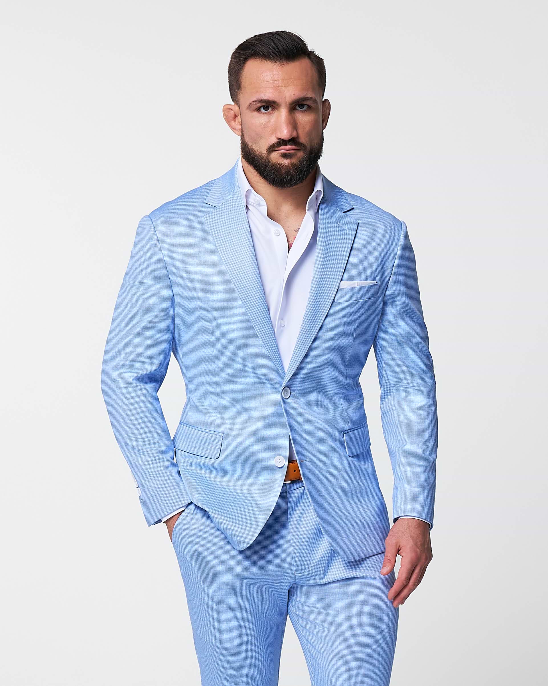 Athletic Fit Stretch Suit - Light Blue Mini Houndstooth