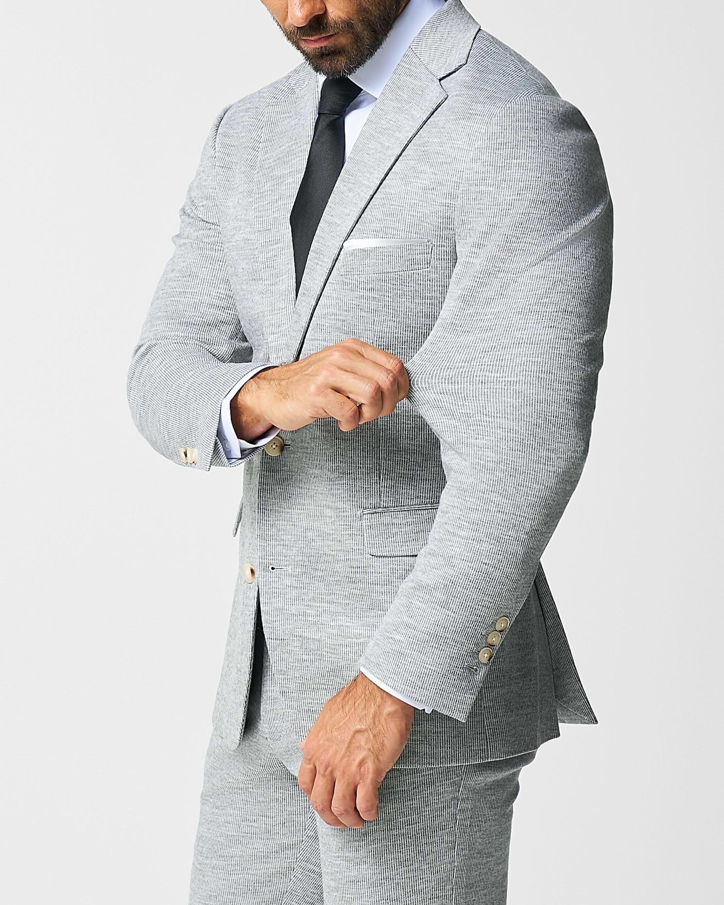 Athletic Fit Stretch Wool Suit - Light Grey with White Mini Stripe