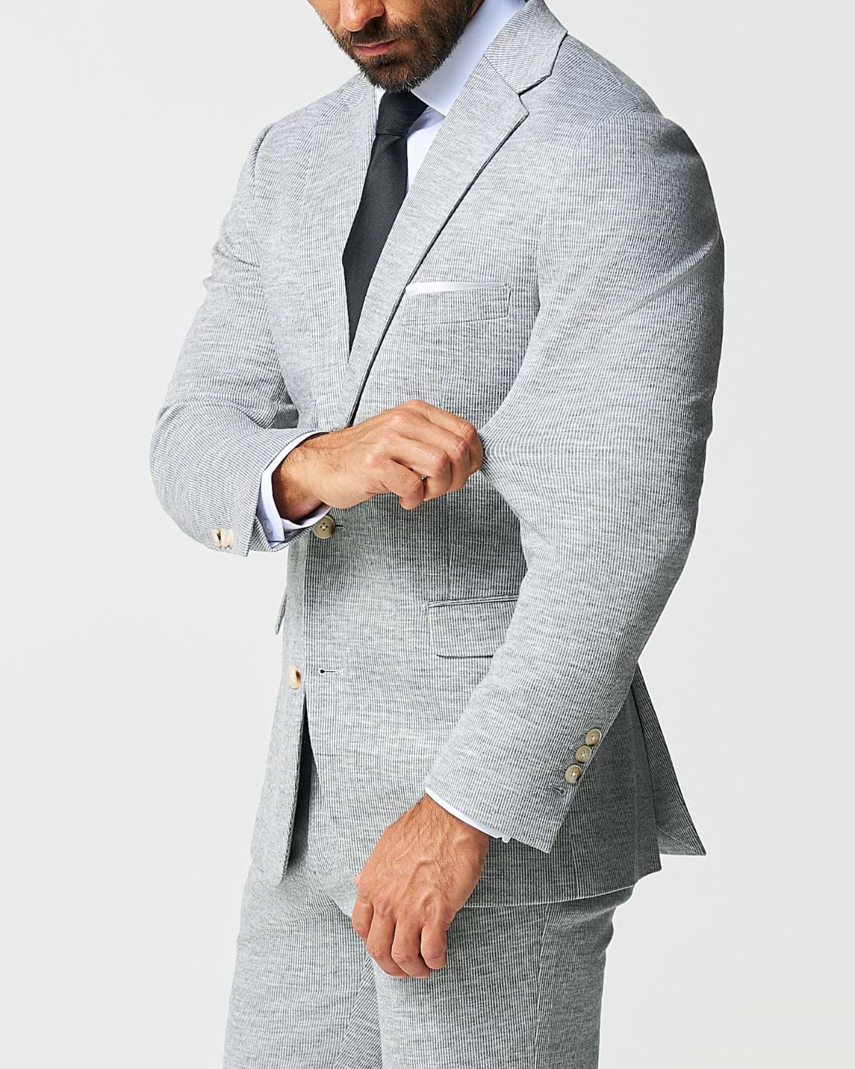 Athletic Fit Stretch Wool Suit - Light Grey with White Mini Stripe