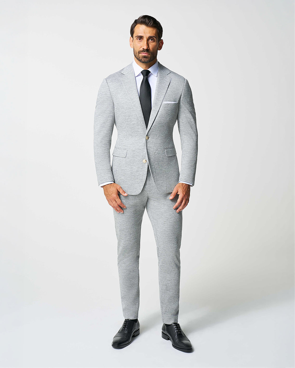 Athletic Fit Stretch Wool Suit - Light Grey with White Mini Stripe
