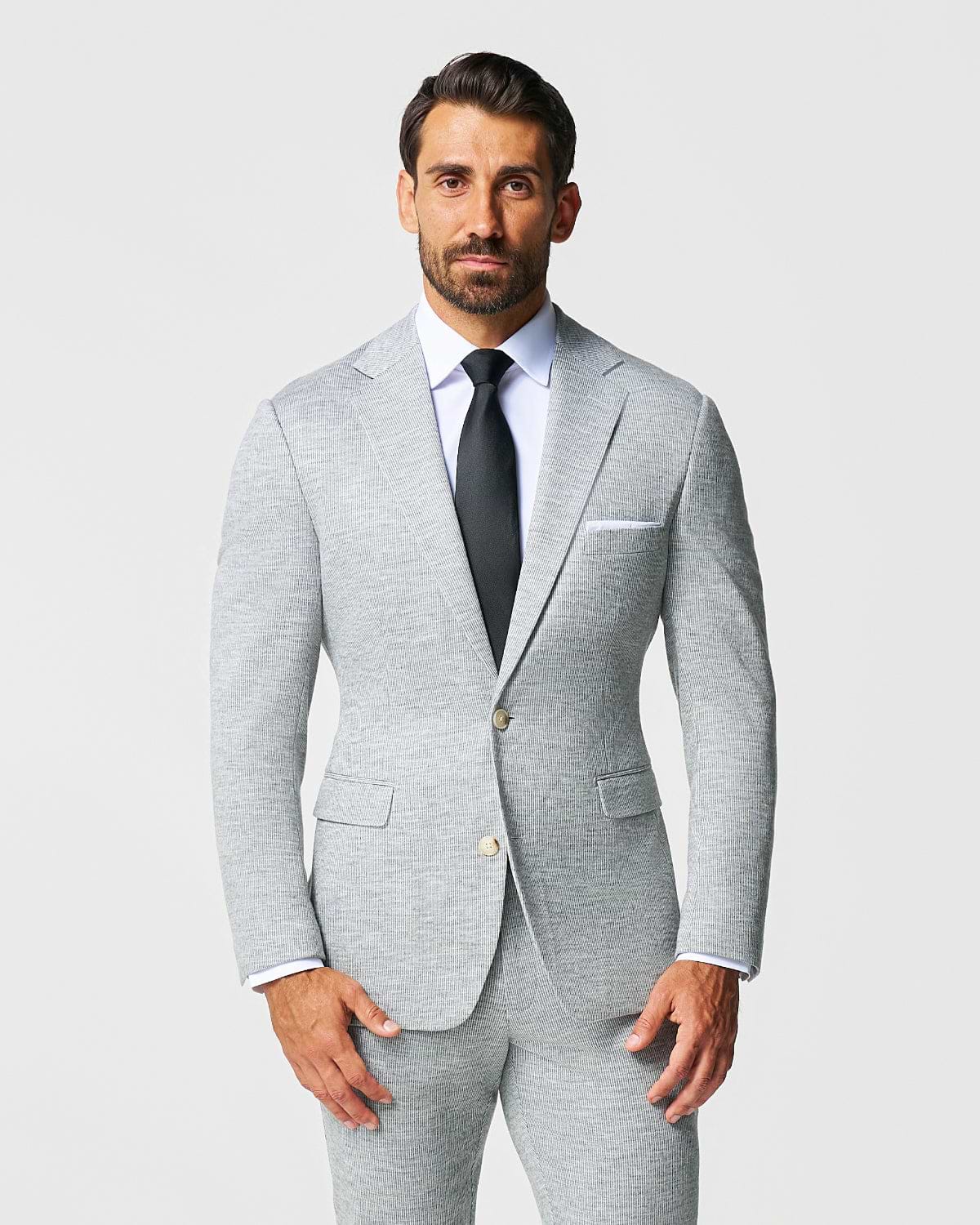 Athletic Fit Stretch Wool Suit - Light Grey with White Mini Stripe