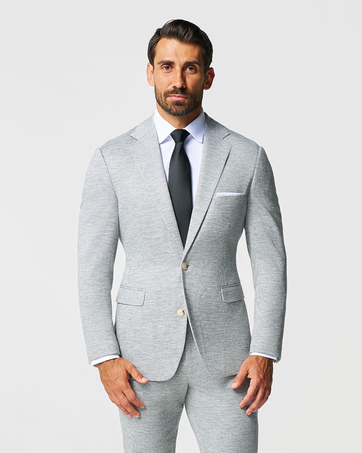 Athletic Fit Stretch Wool Suit - Light Grey with White Mini Stripe