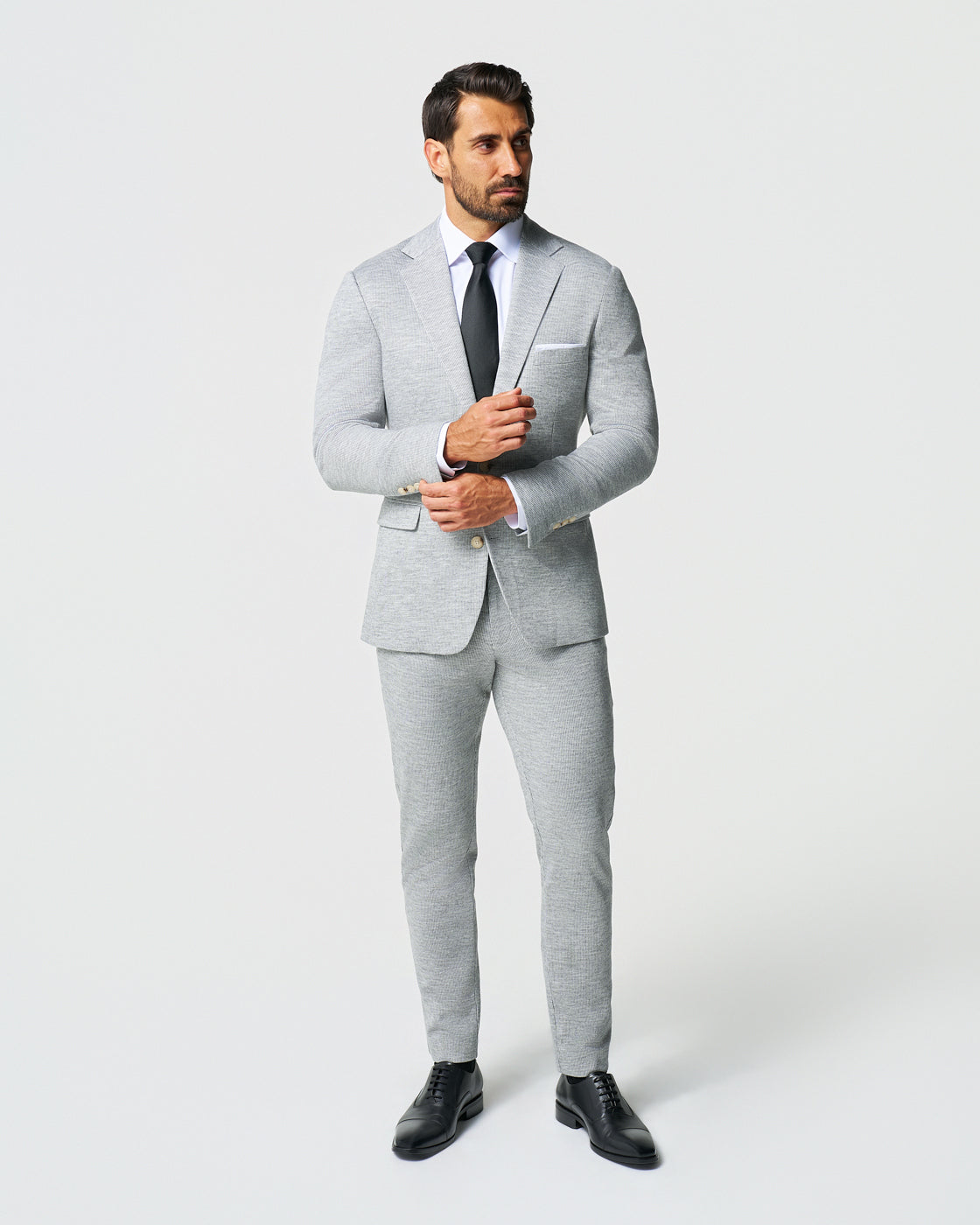 Athletic Fit Stretch Wool Suit - Light Grey with White Mini Stripe
