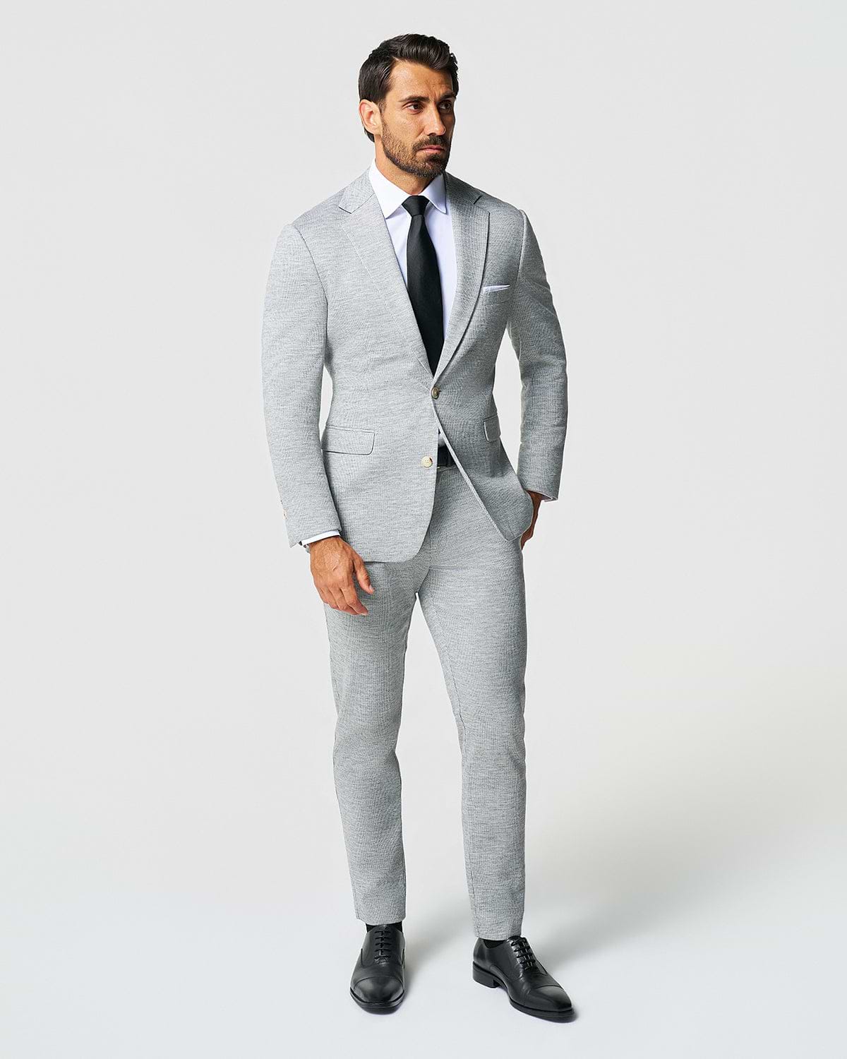 Athletic Fit Stretch Wool Suit - Light Grey with White Mini Stripe