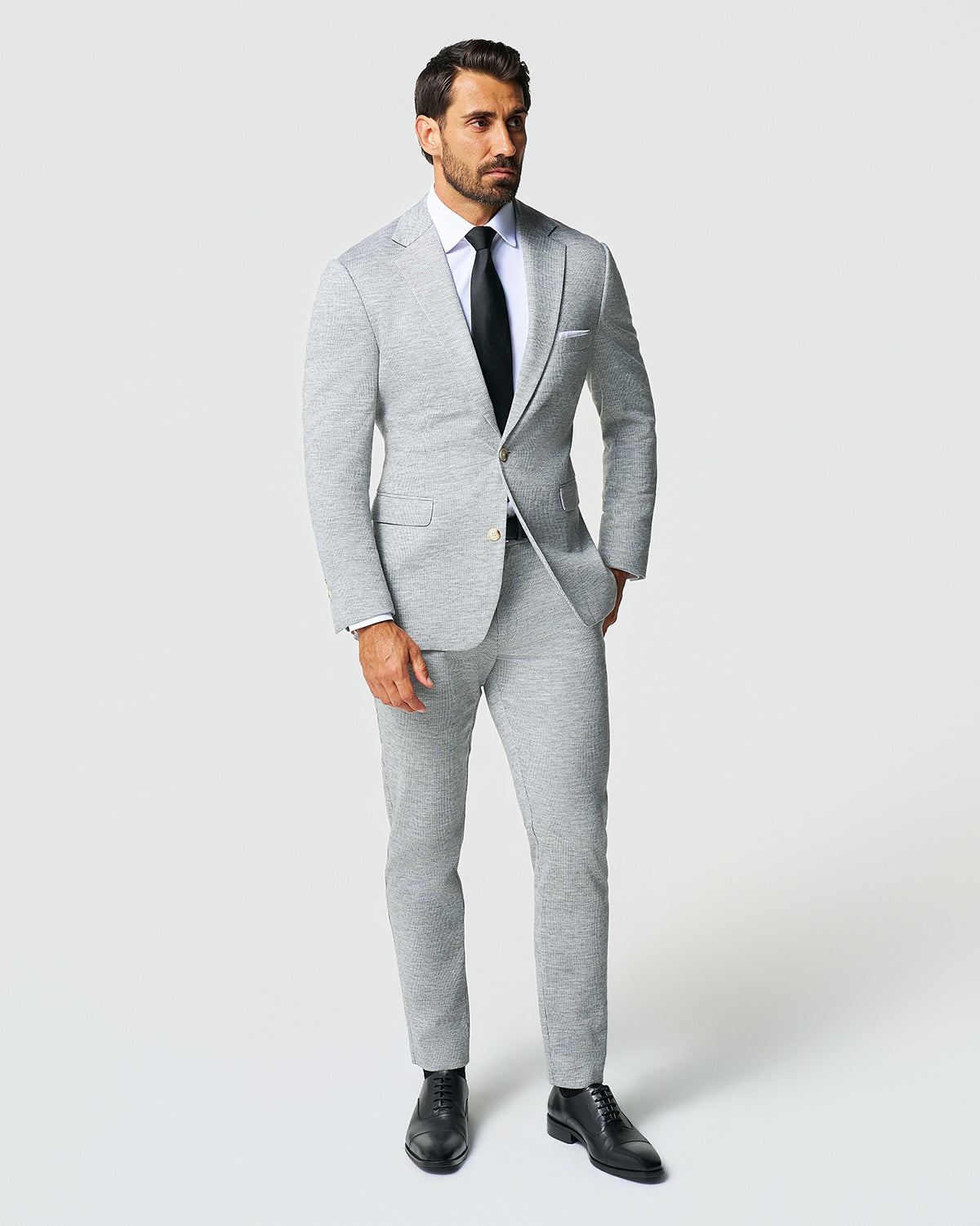 Athletic Fit Stretch Wool Suit - Light Grey with White Mini Stripe