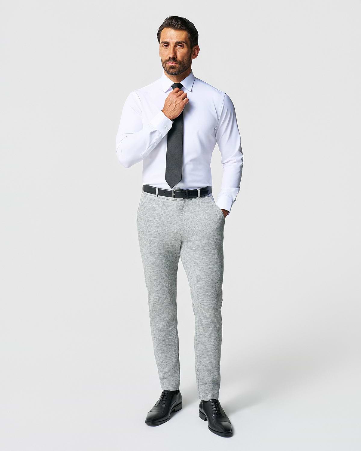 Athletic Fit Stretch Wool Suit - Light Grey with White Mini Stripe