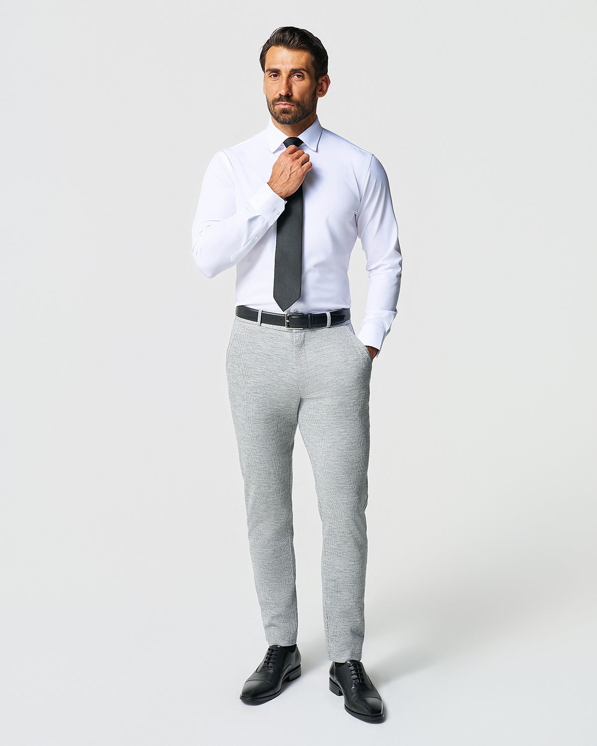 Athletic Fit Stretch Wool Suit - Light Grey with White Mini Stripe