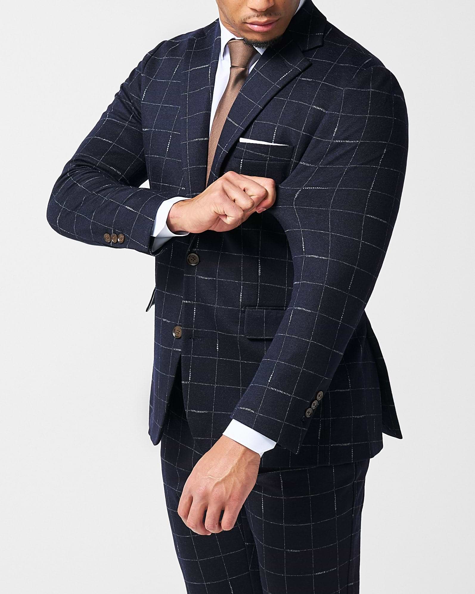 Athletic Fit Stretch Wool Suit - Midnight Navy & Chalk Windowpane