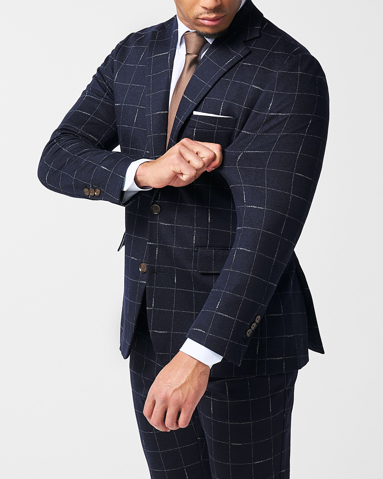 Athletic Fit Stretch Wool Suit - Midnight Navy & Chalk Windowpane