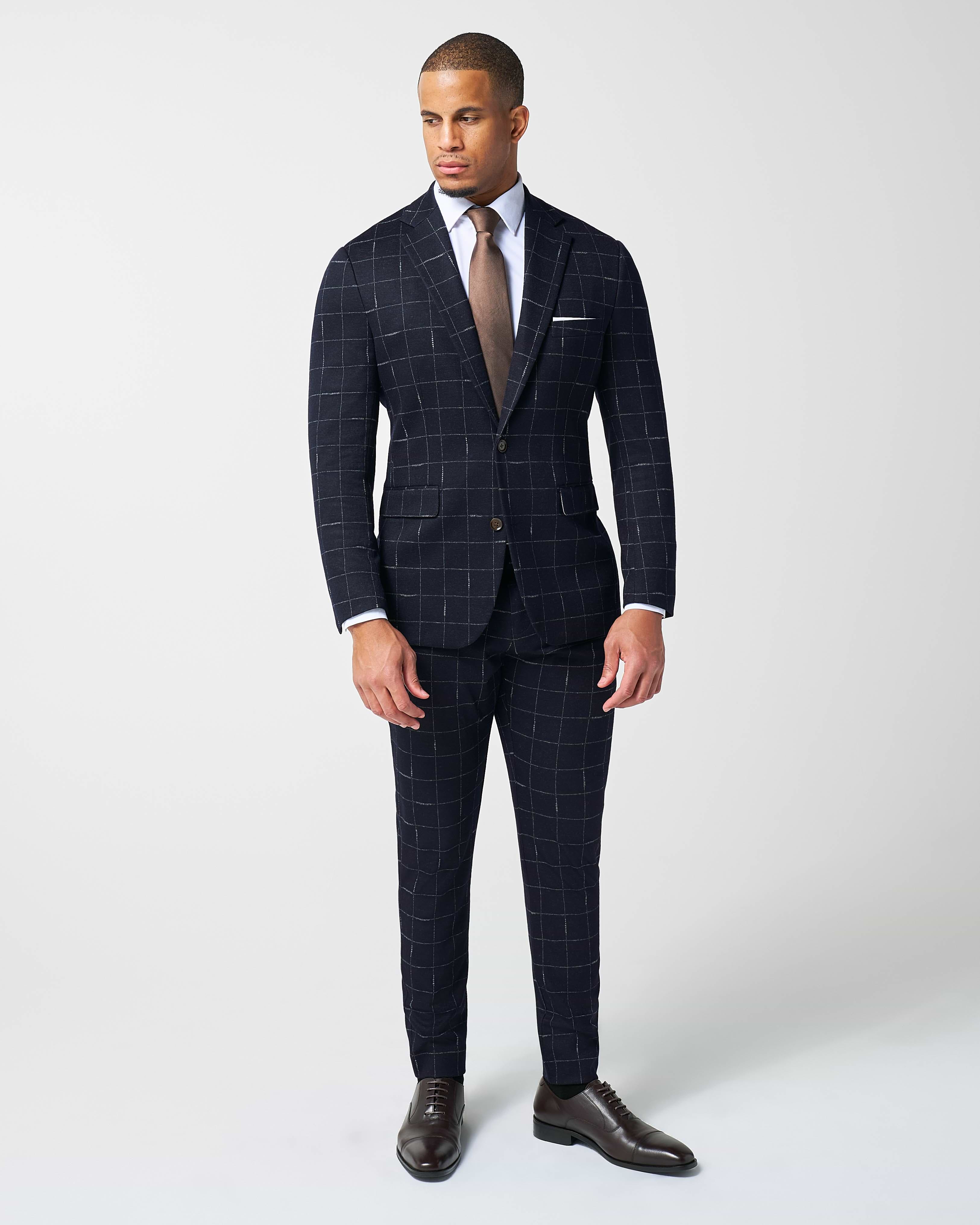 Athletic Fit Stretch Wool Suit - Midnight Navy & Chalk Windowpane