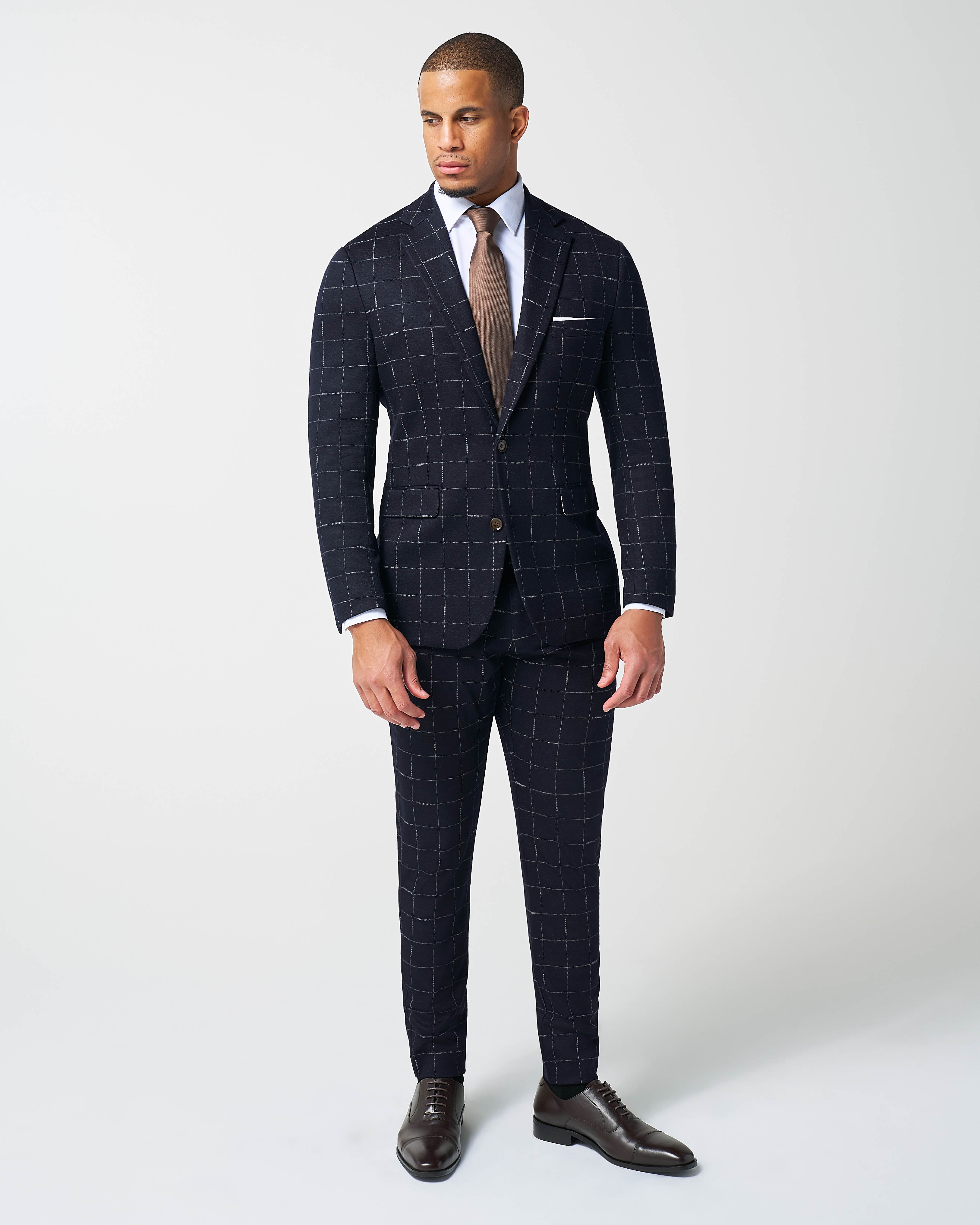 Athletic Fit Stretch Wool Suit - Midnight Navy & Chalk Windowpane