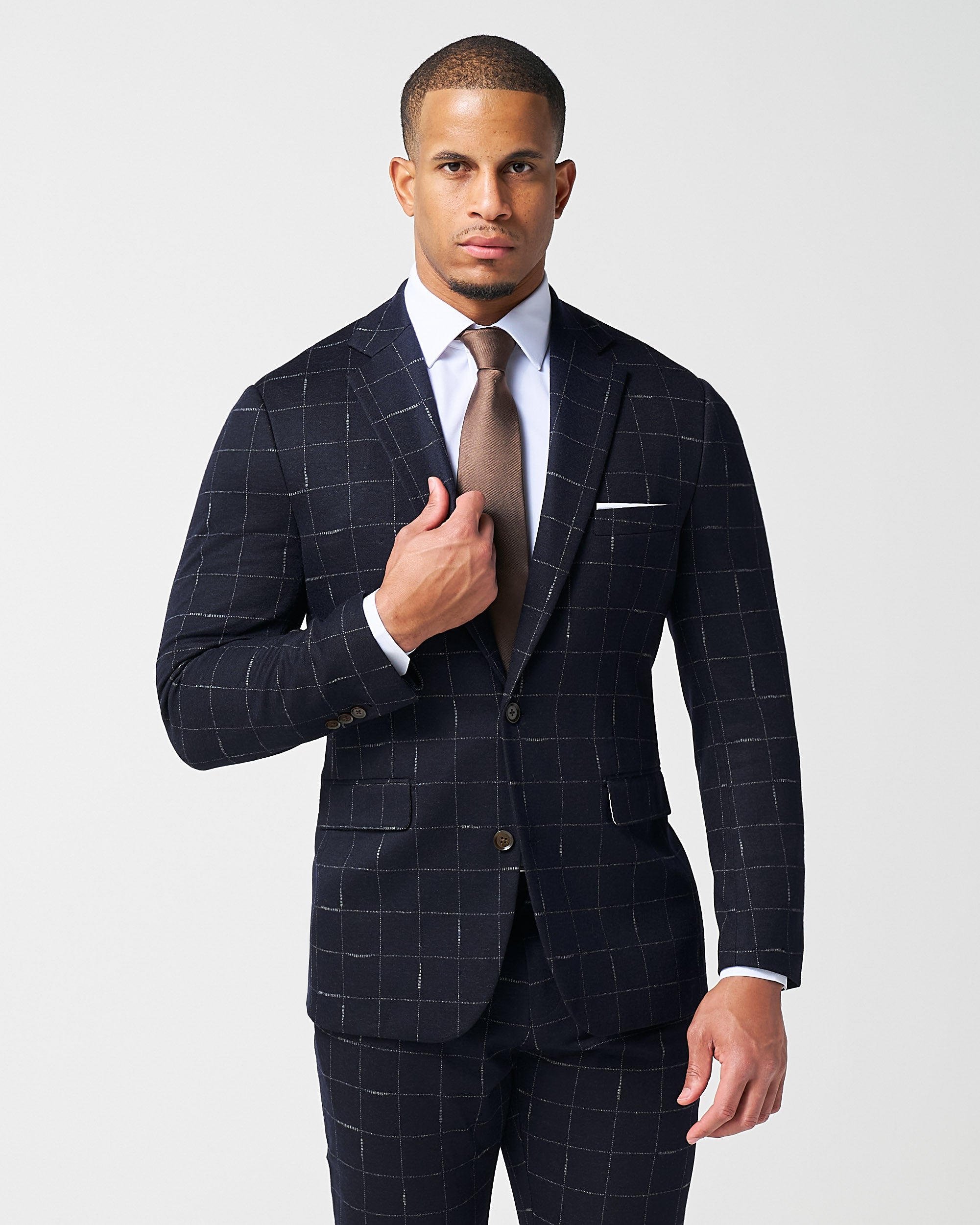 Athletic Fit Stretch Wool Suit - Midnight Navy & Chalk Windowpane