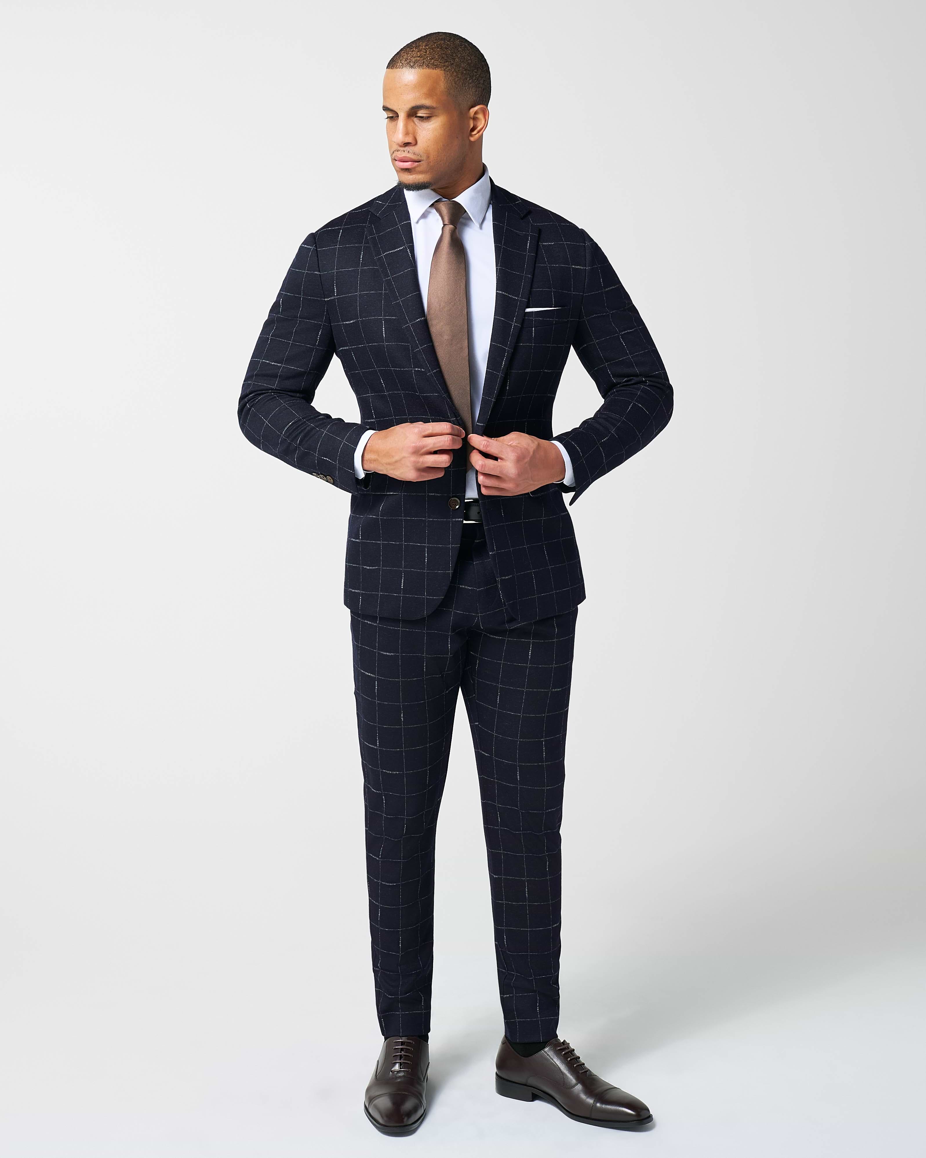 Athletic Fit Stretch Wool Suit - Midnight Navy & Chalk Windowpane