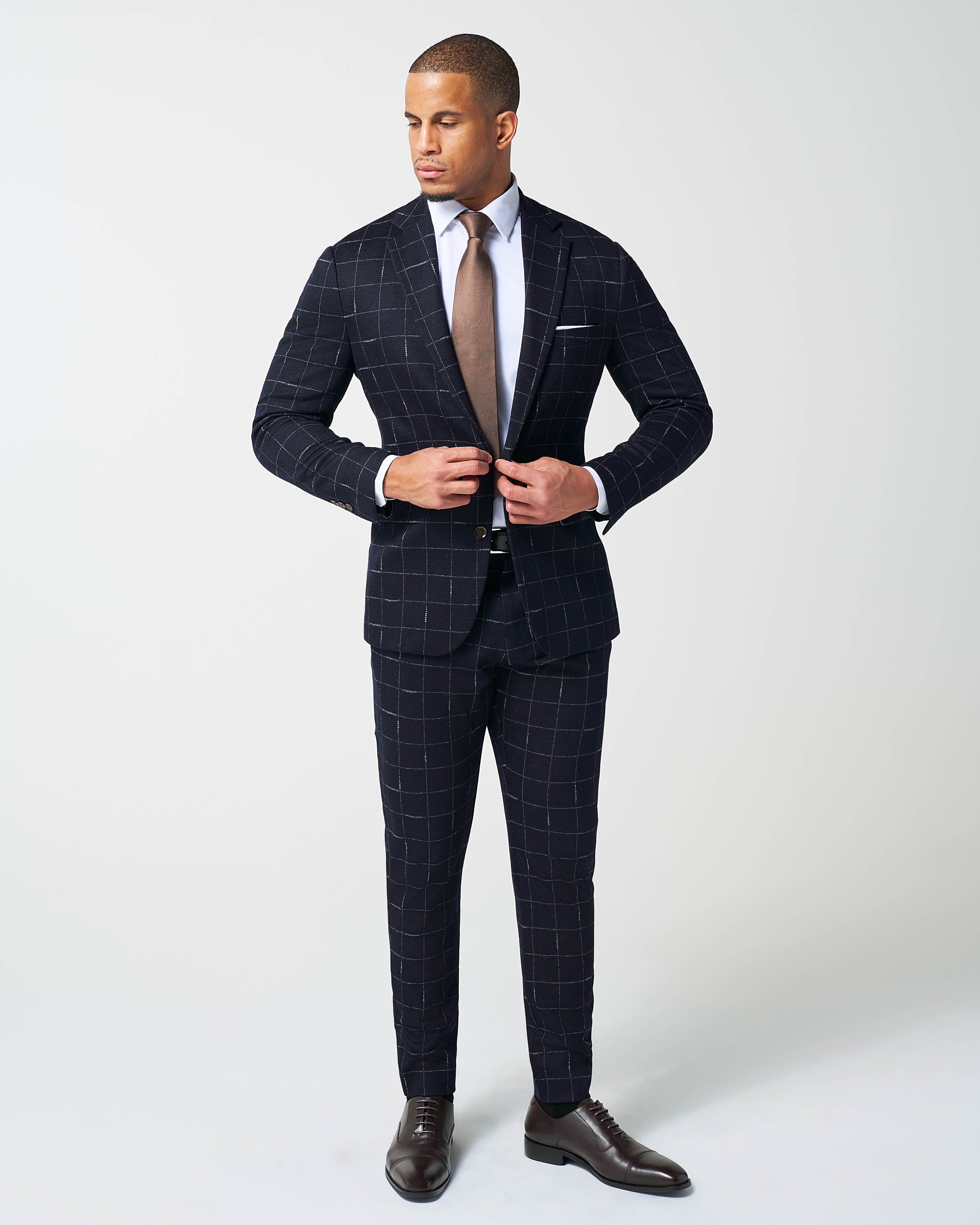Athletic Fit Stretch Wool Suit - Midnight Navy & Chalk Windowpane