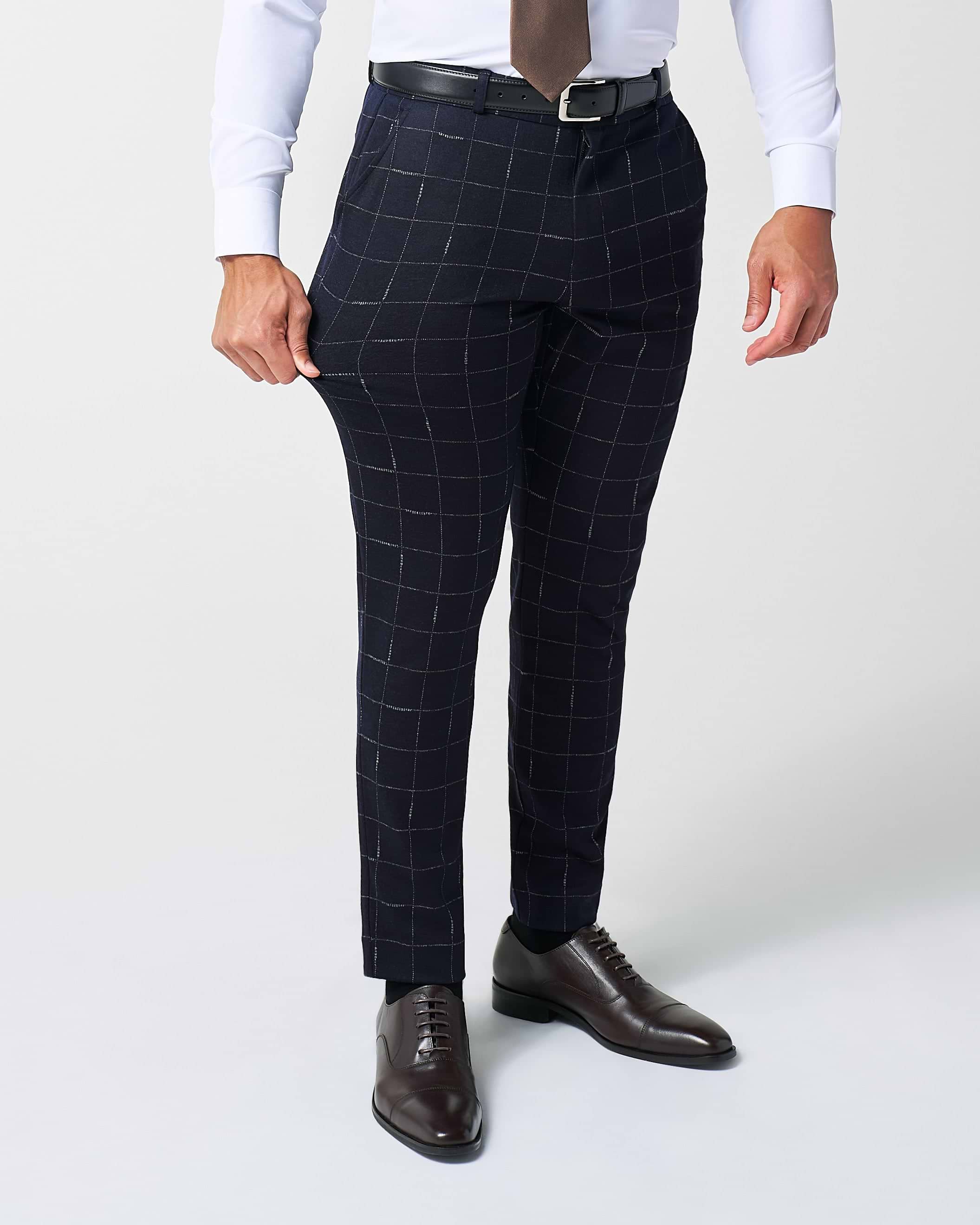 Athletic Fit Stretch Wool Suit - Midnight Navy & Chalk Windowpane