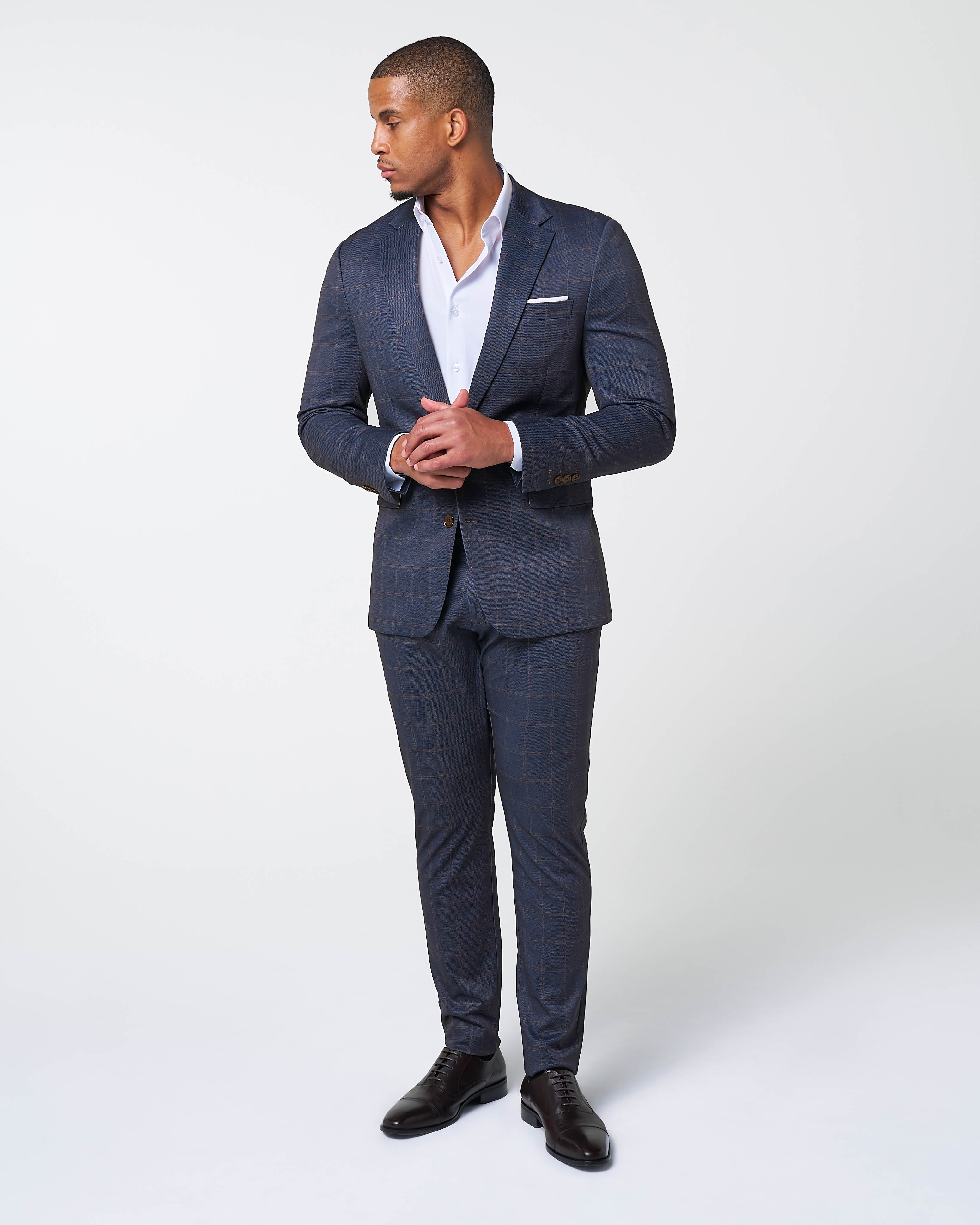 Athletic Fit Stretch Suit Pants - Navy & Brown Windowpane