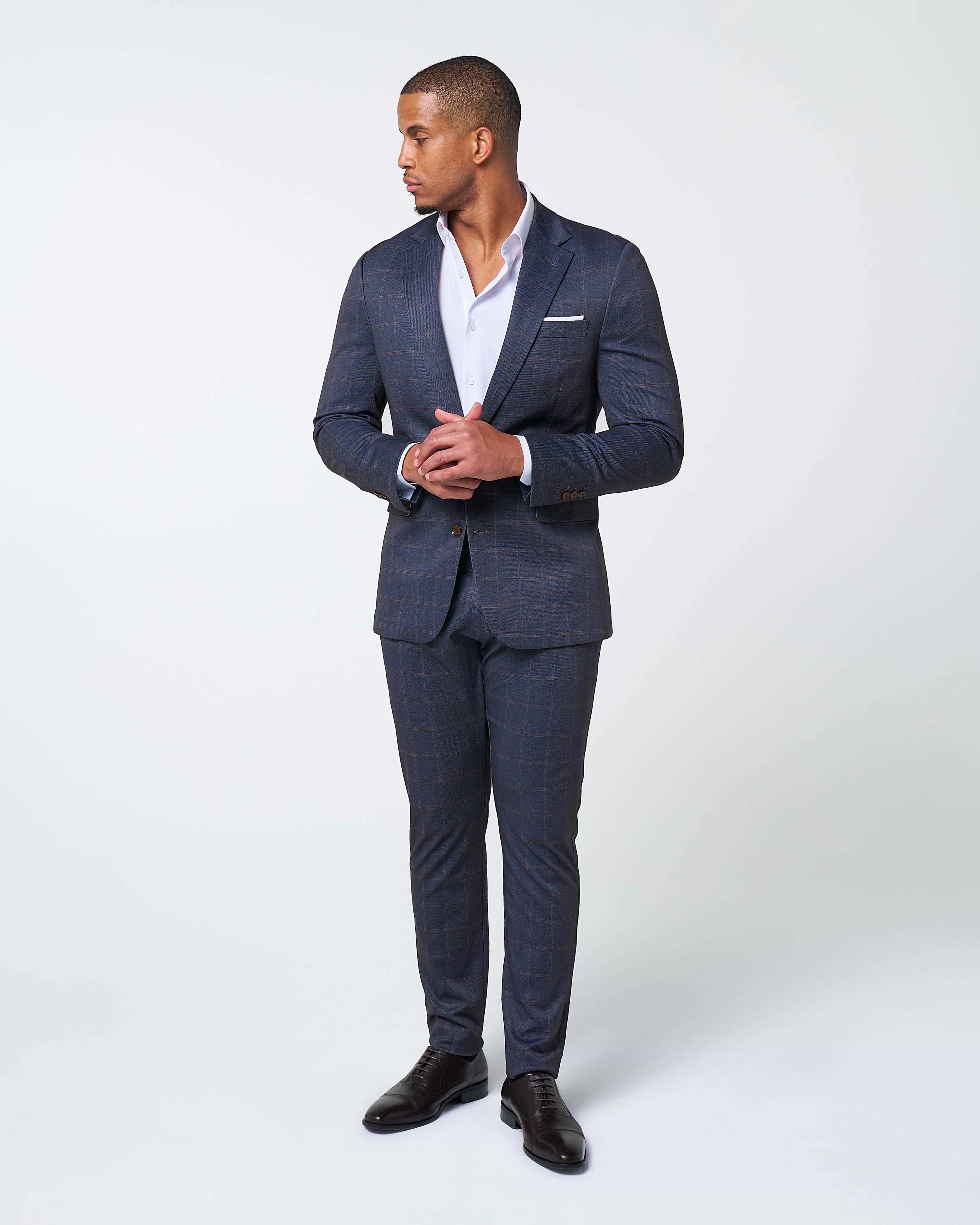 Athletic Fit Stretch Suit - Navy & Brown Windowpane