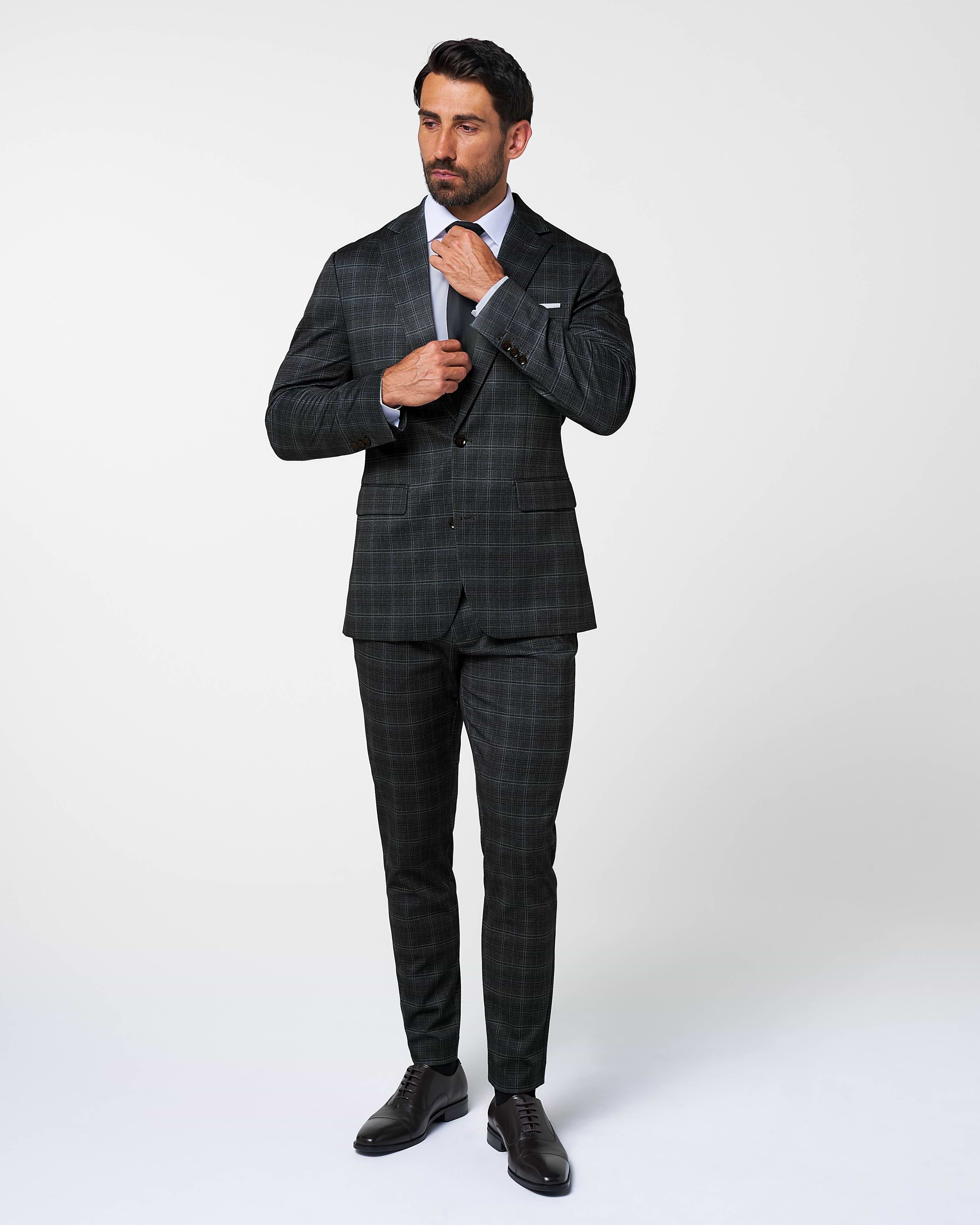 Athletic Fit Stretch Suit - Stone Grey Plaid