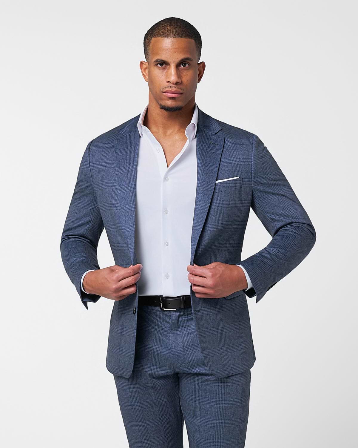 Athletic Fit Stretch Suit - Storm Blue & Navy Plaid