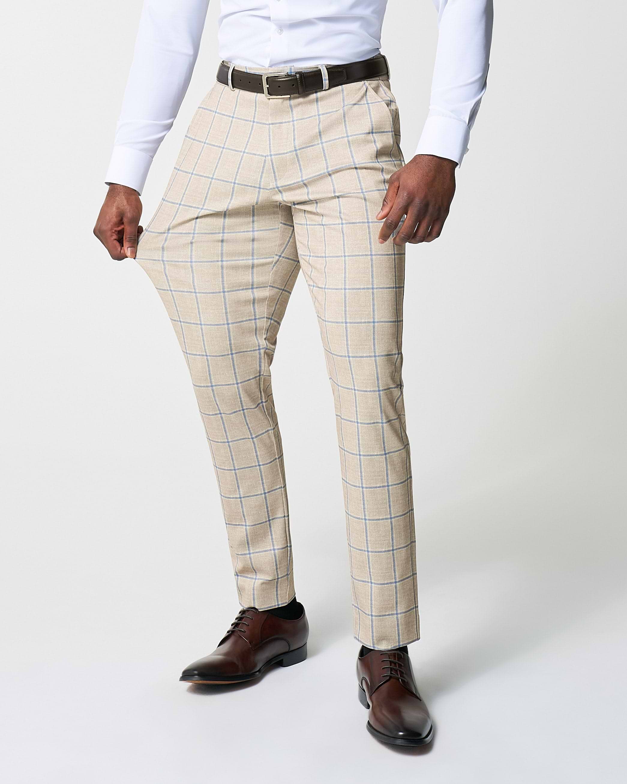 Athletic Fit Stretch Suit - Tan with Big Blue Windowpane