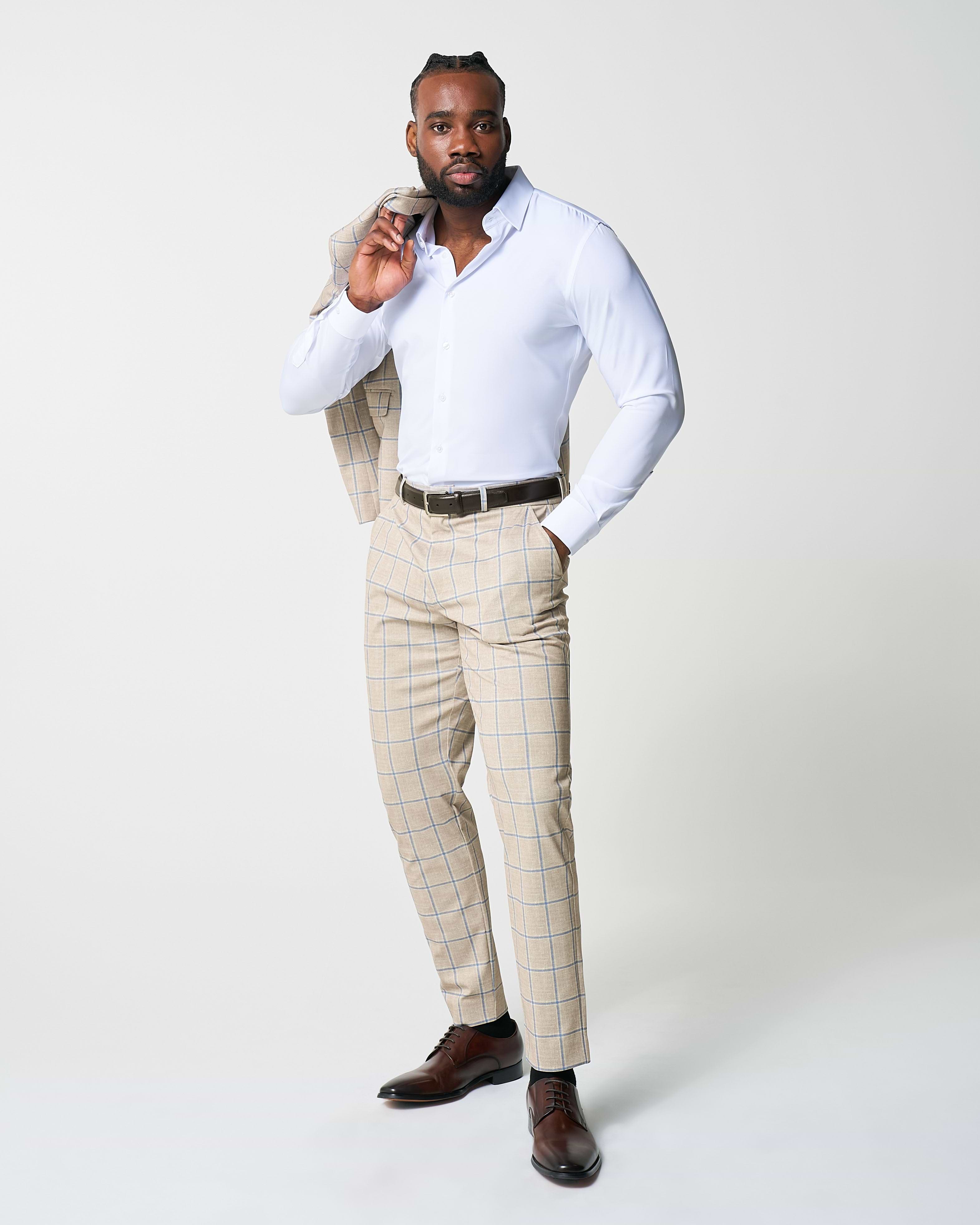 Athletic Fit Stretch Suit - Tan with Big Blue Windowpane