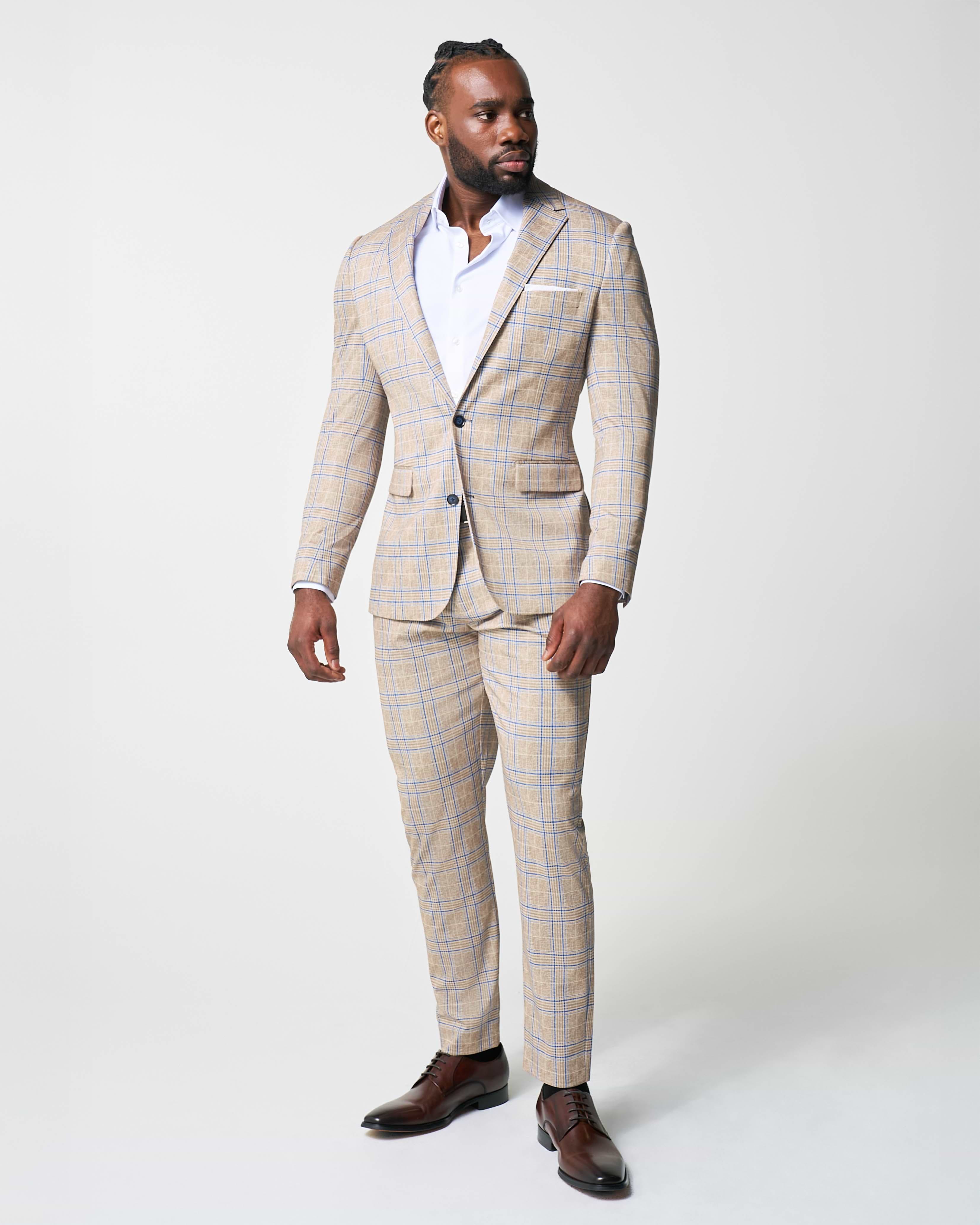 Athletic Fit Stretch Suit - Tan and Blue Plaid