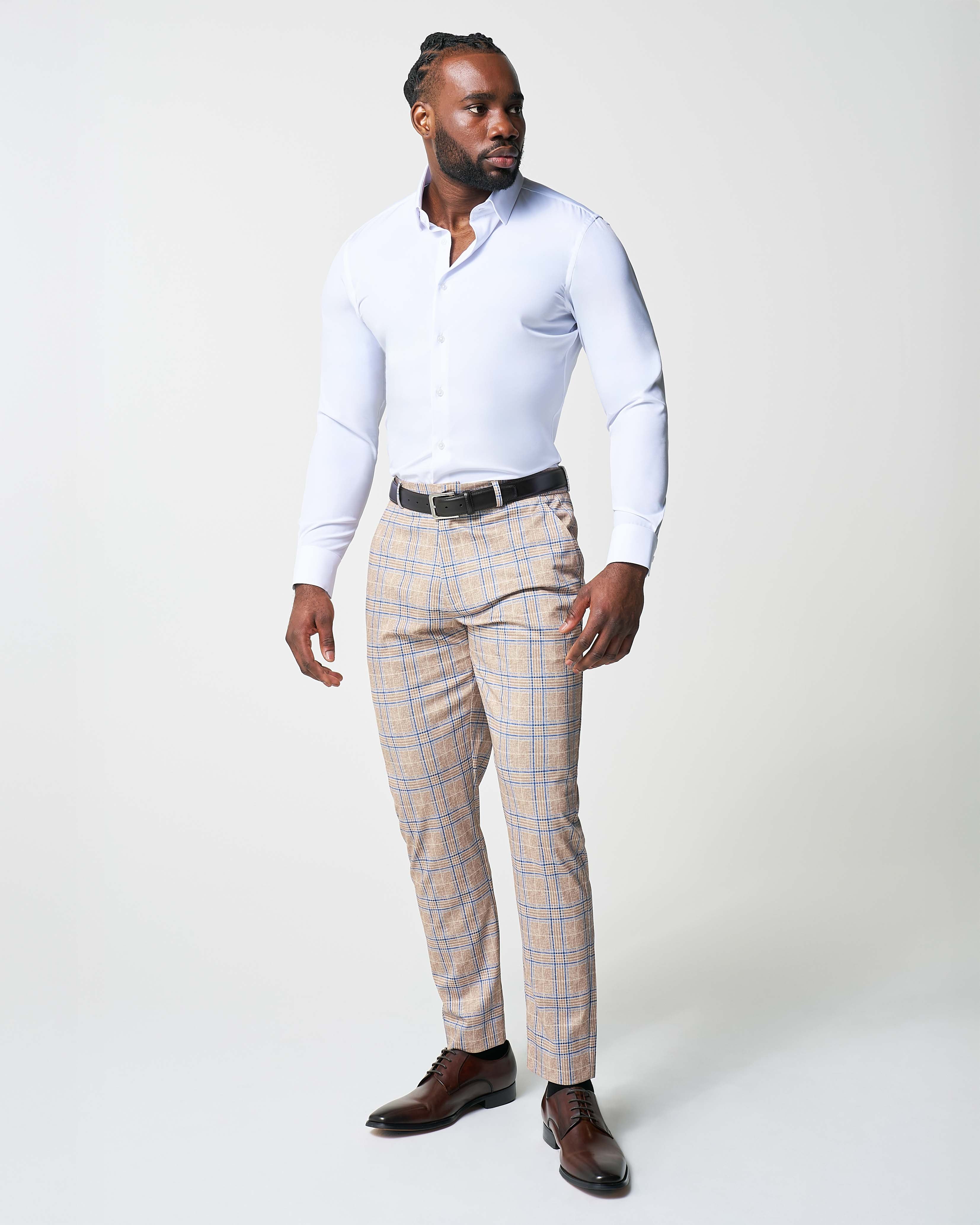 Athletic Fit Stretch Suit - Tan and Blue Plaid