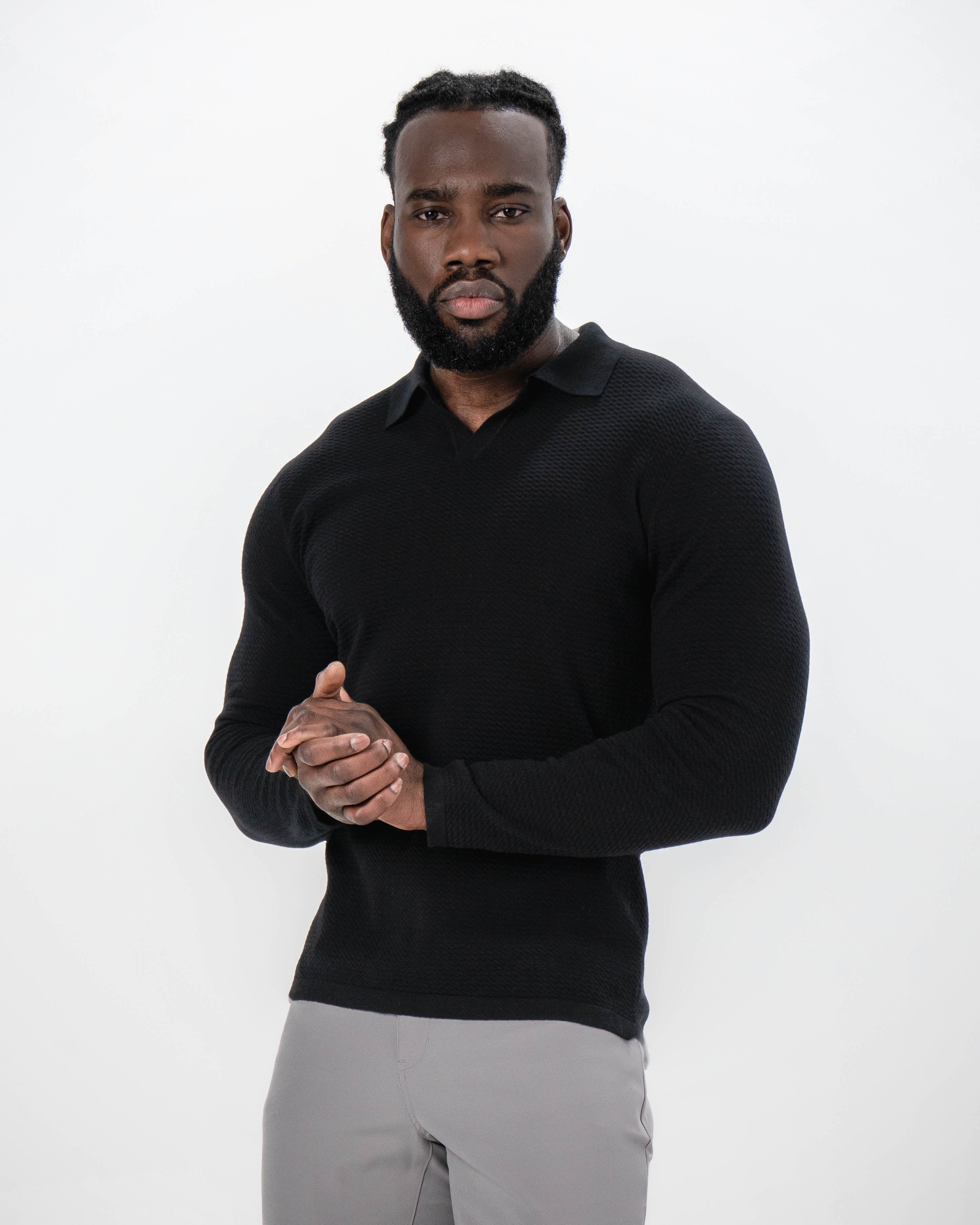 Textured Buttonless Long Sleeve Polo - Black