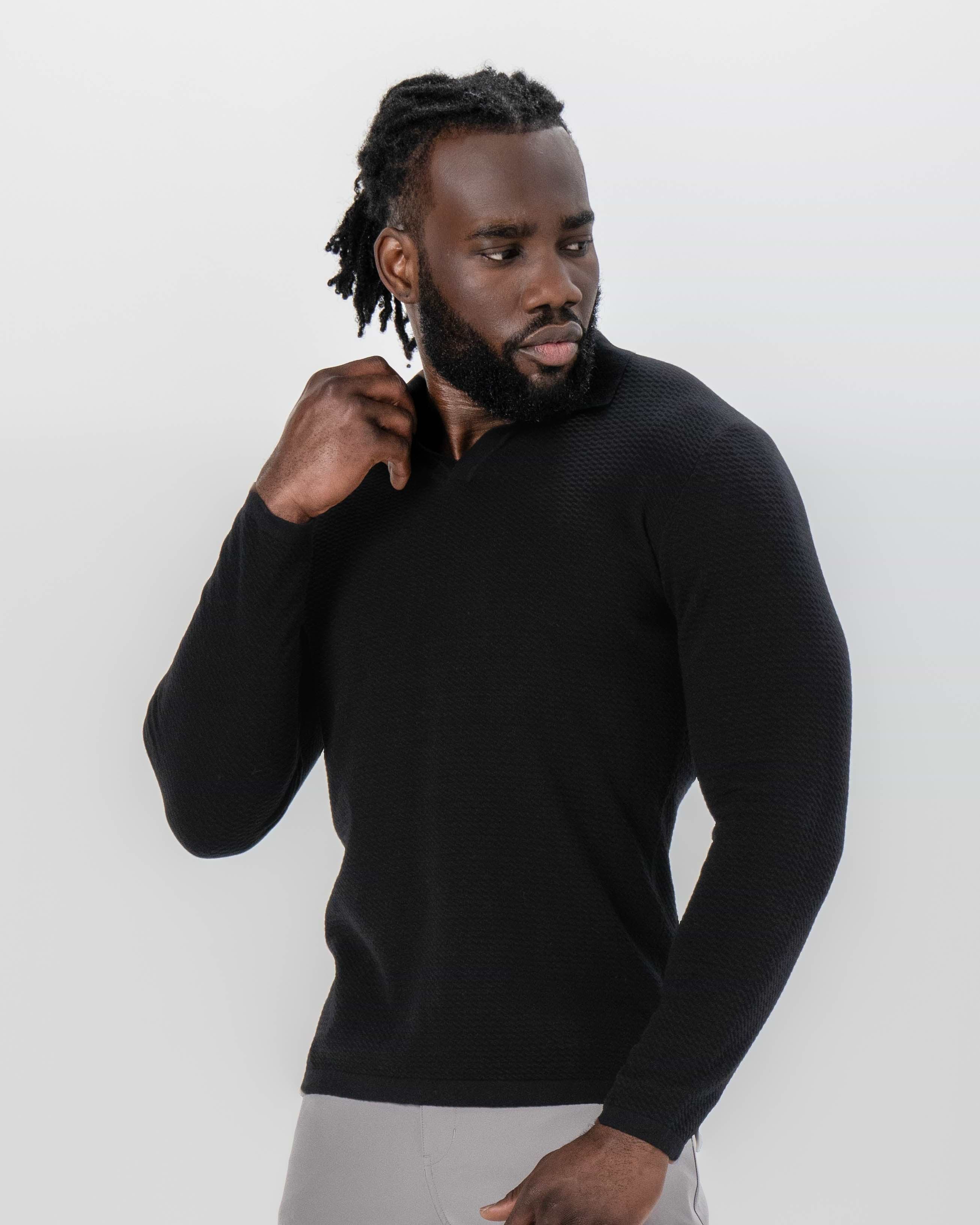 Textured Buttonless Long Sleeve Polo - Black