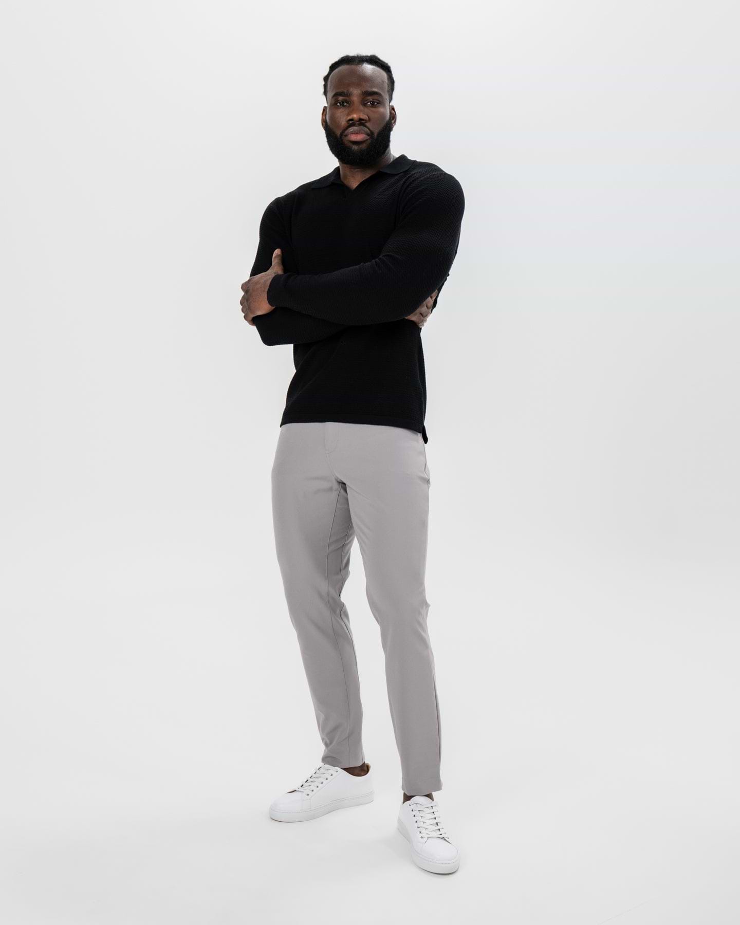 Textured Buttonless Long Sleeve Polo - Black