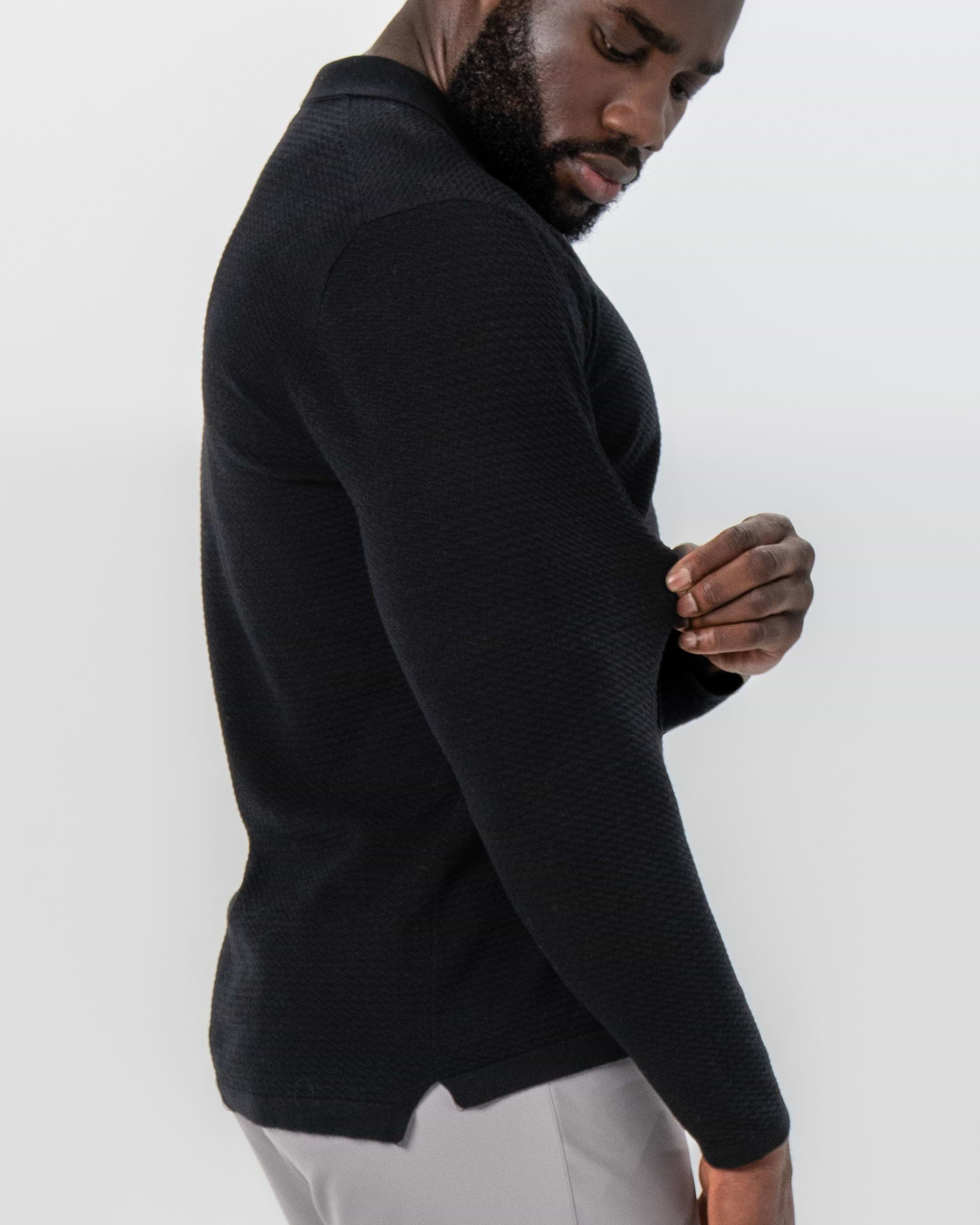 Textured Buttonless Long Sleeve Polo - Black