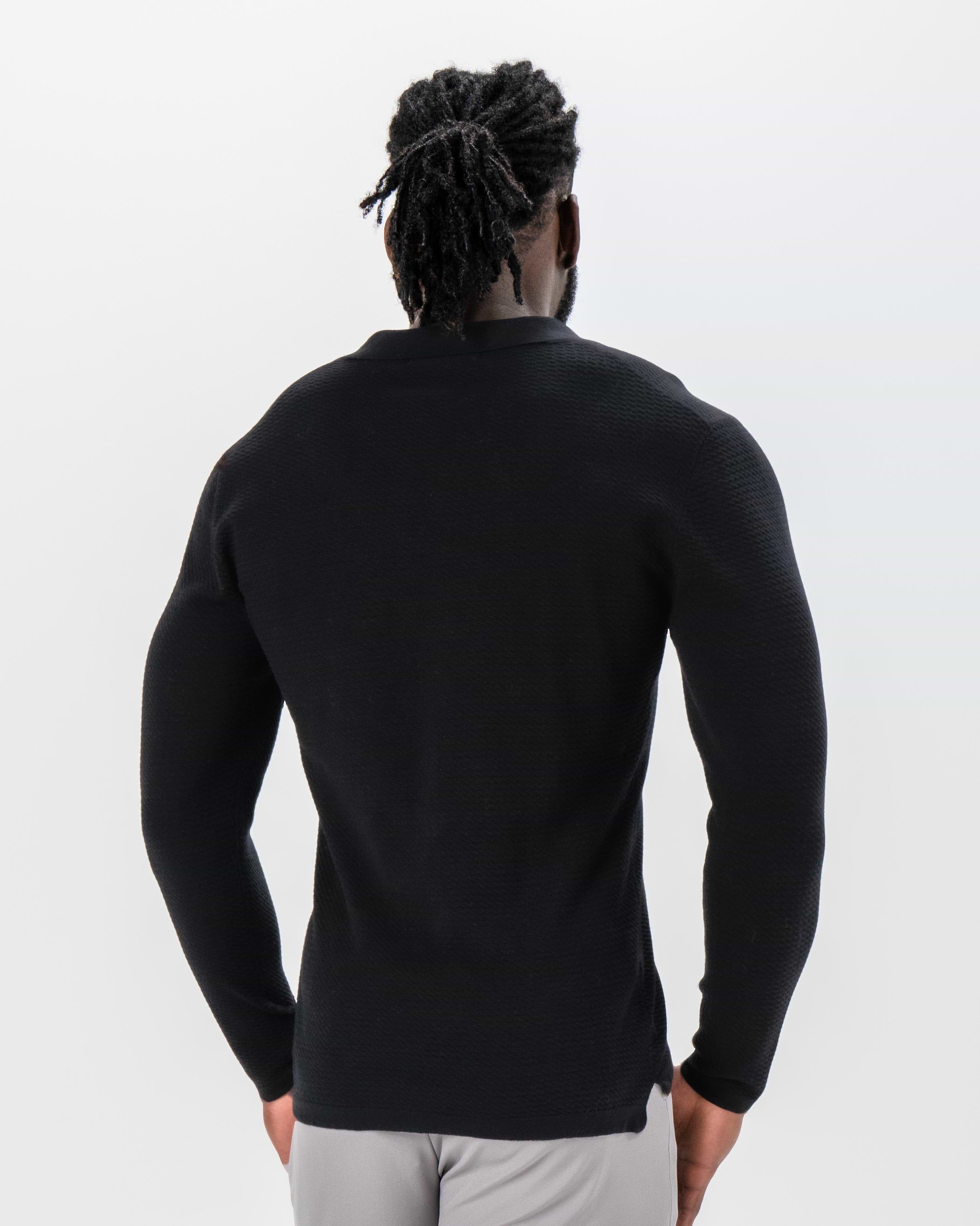 Textured Buttonless Long Sleeve Polo - Black