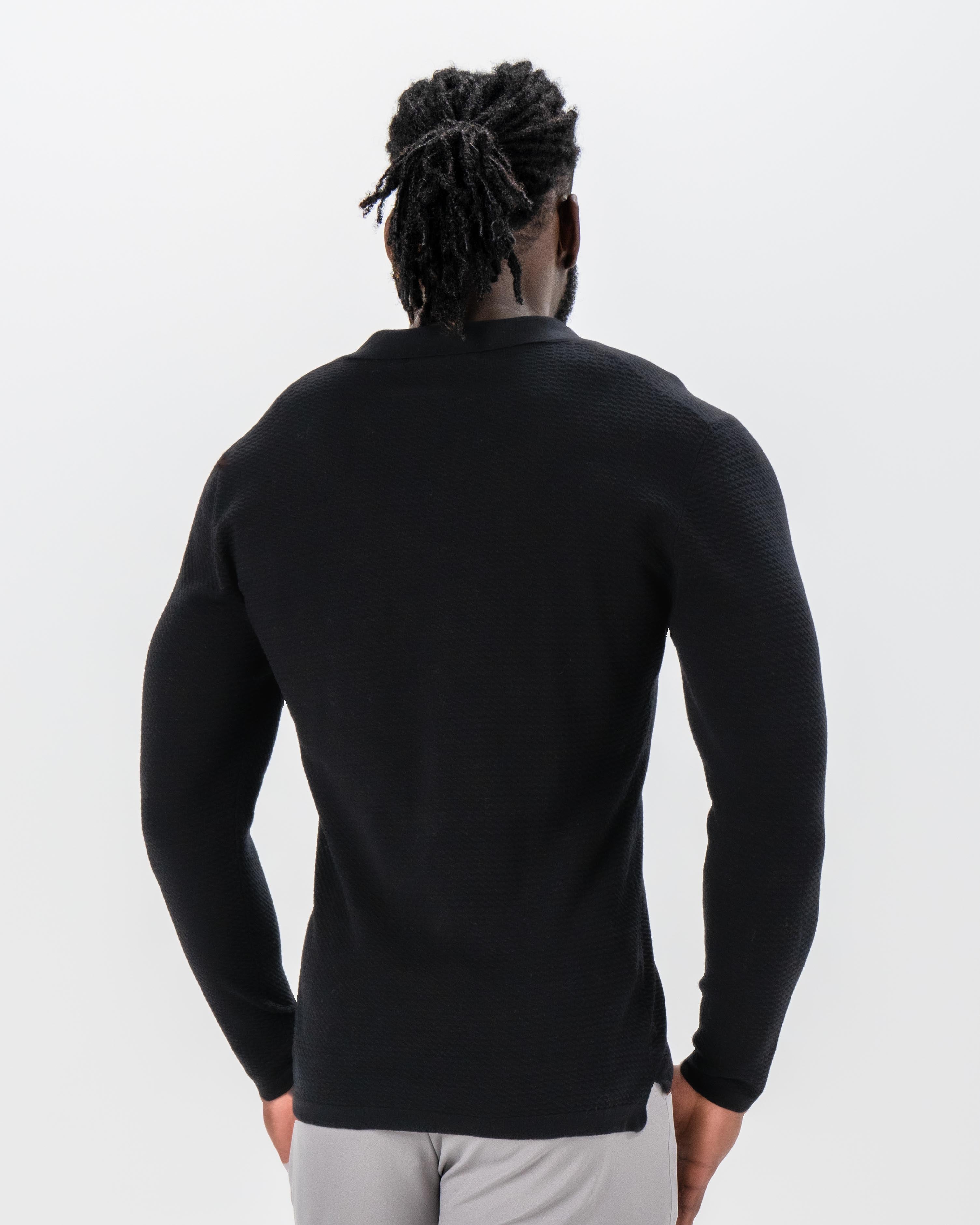 Textured Buttonless Long Sleeve Polo - Black