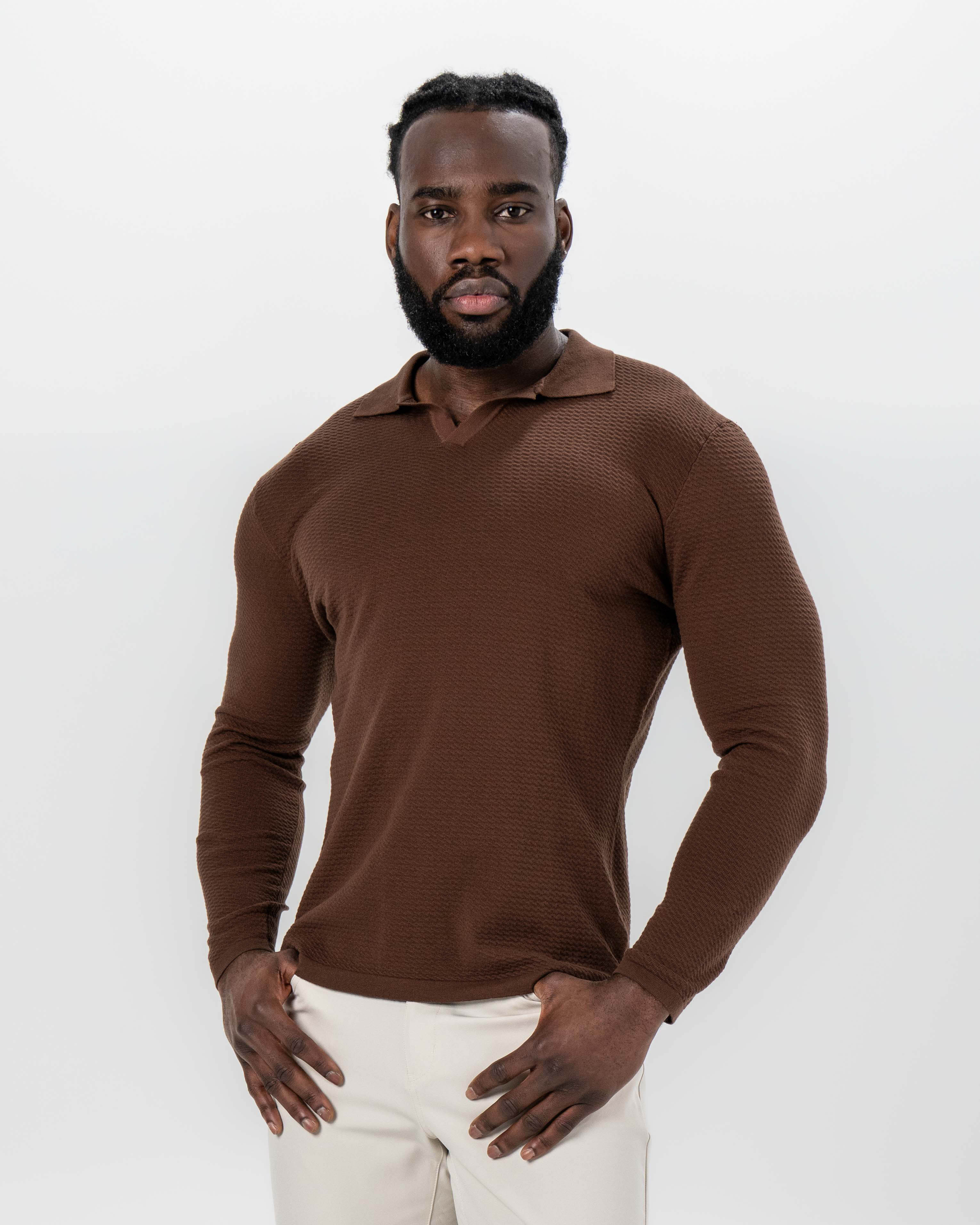 Textured Buttonless Long Sleeve Polo - Brown