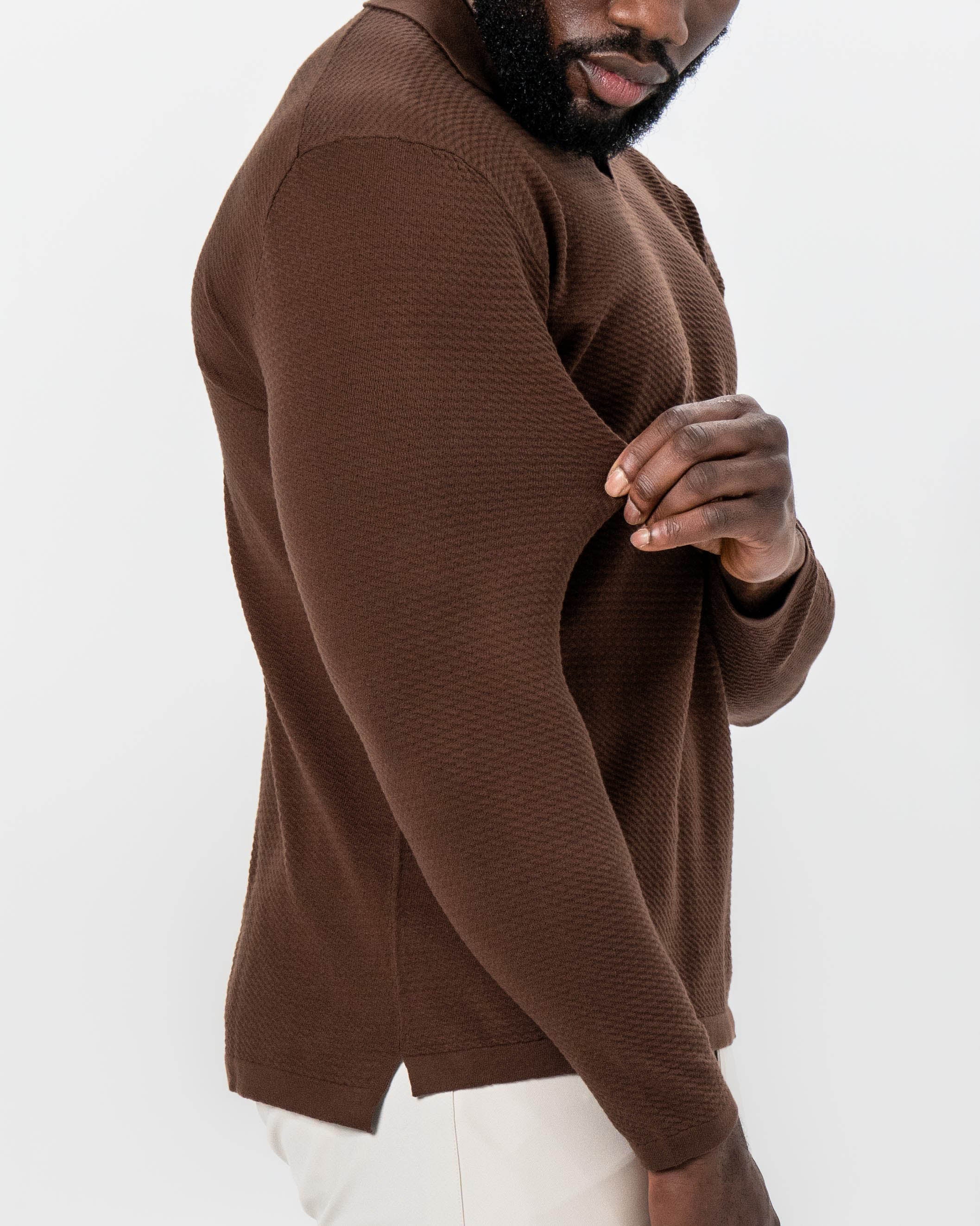 Textured Buttonless Long Sleeve Polo - Brown