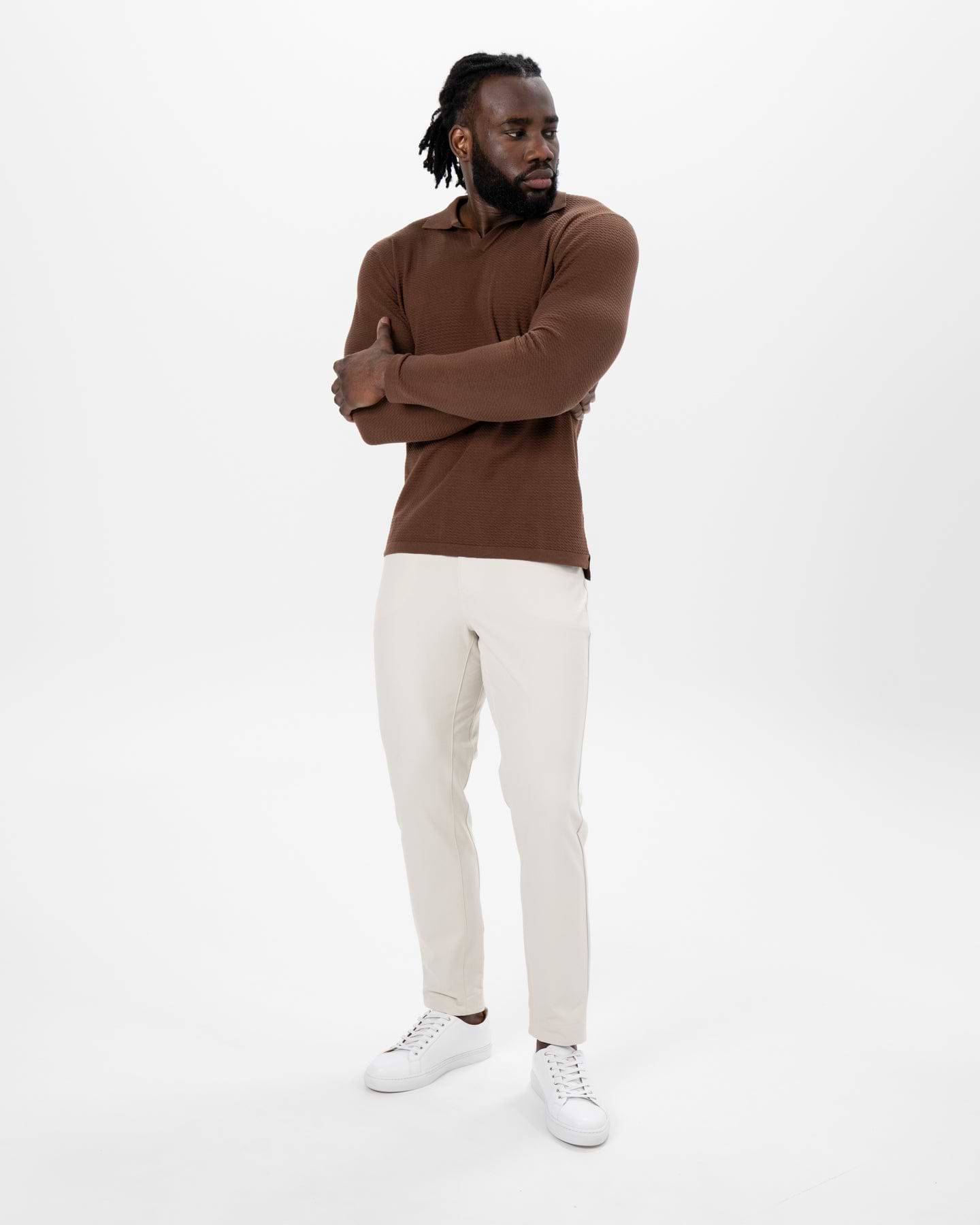 Textured Buttonless Long Sleeve Polo - Brown