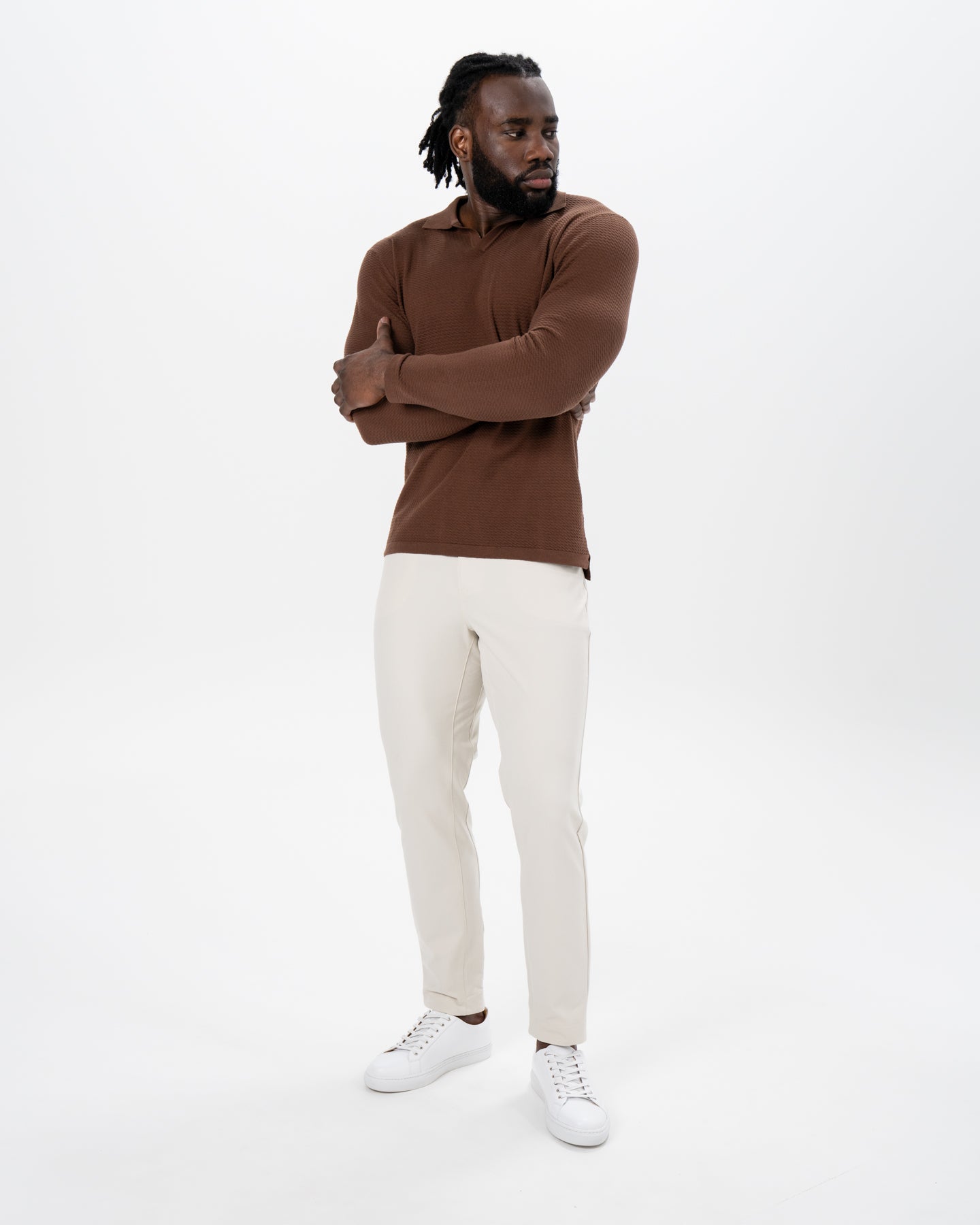 Textured Buttonless Long Sleeve Polo - Brown