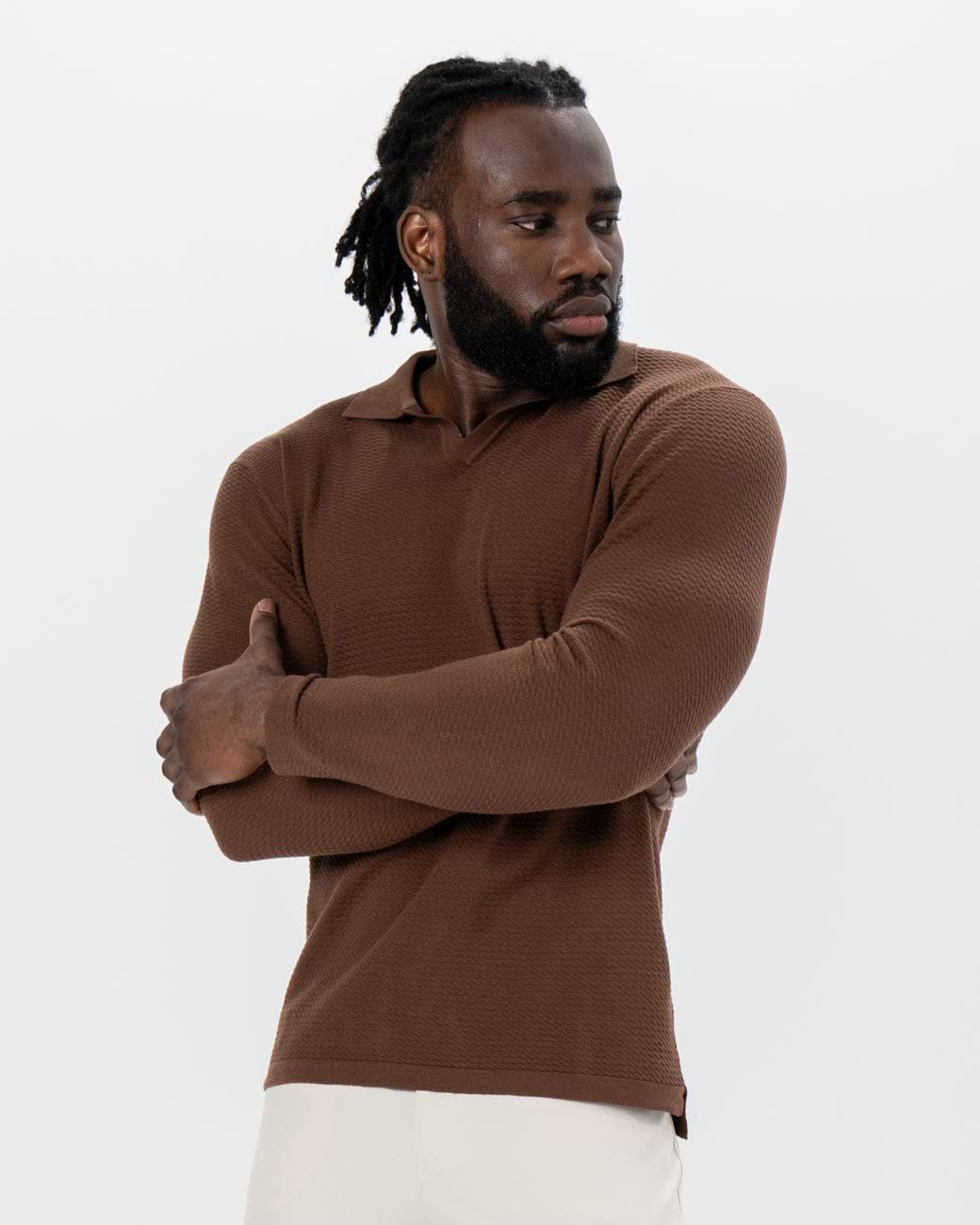 Textured Buttonless Long Sleeve Polo - Brown