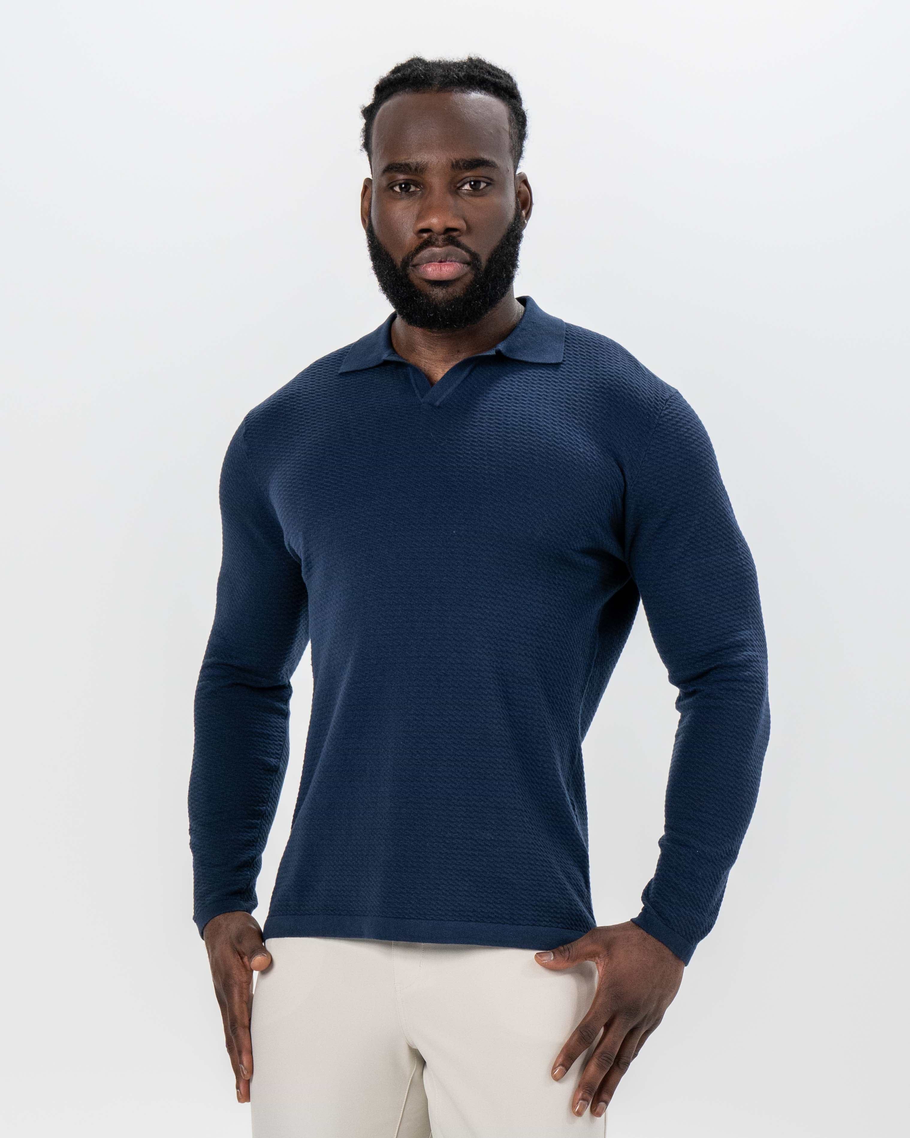 ANDERSEN-ANDERSEN Knit Polo Long Sleeve Polo Shirt Navy L