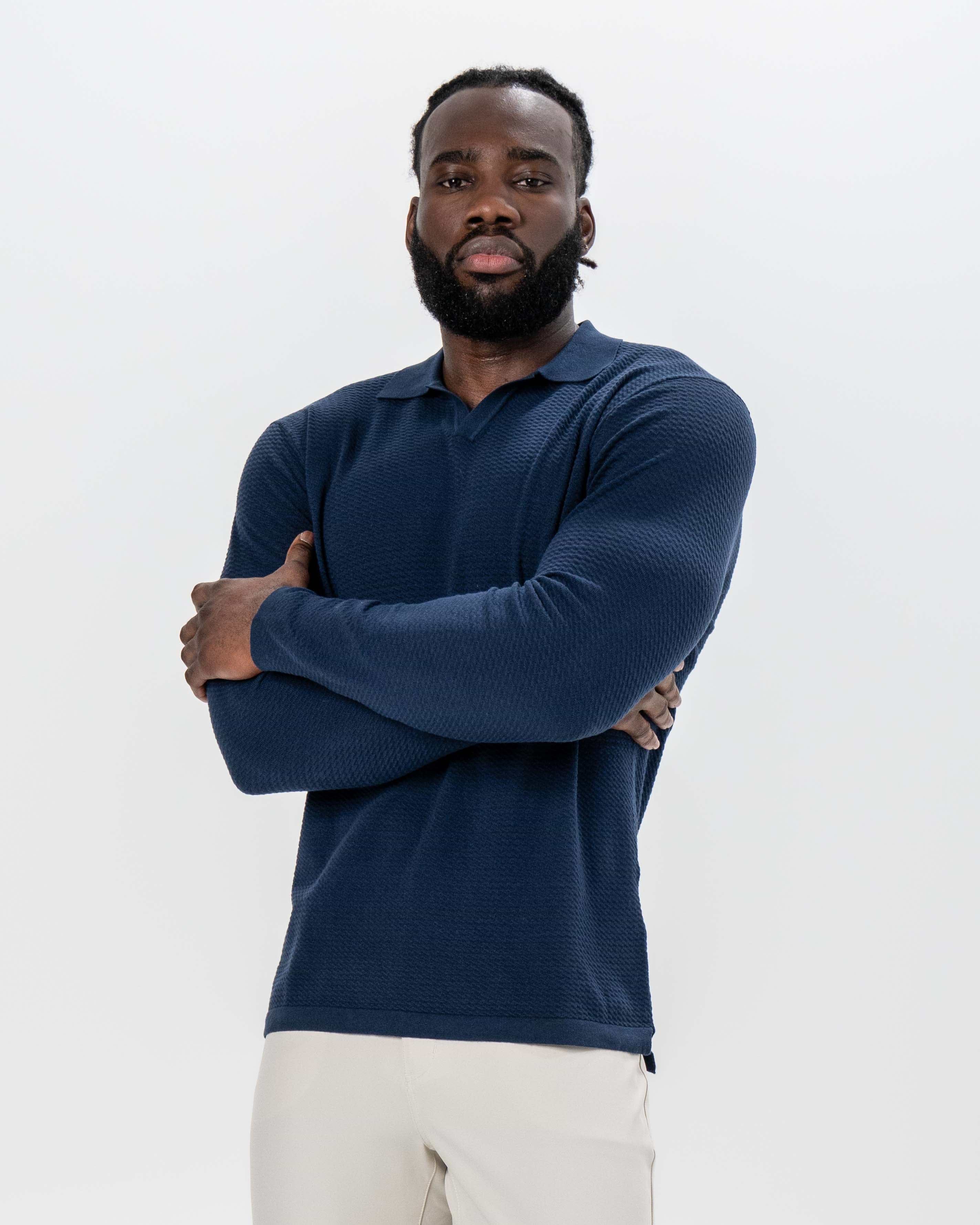 Textured Buttonless Long Sleeve Polo - Navy