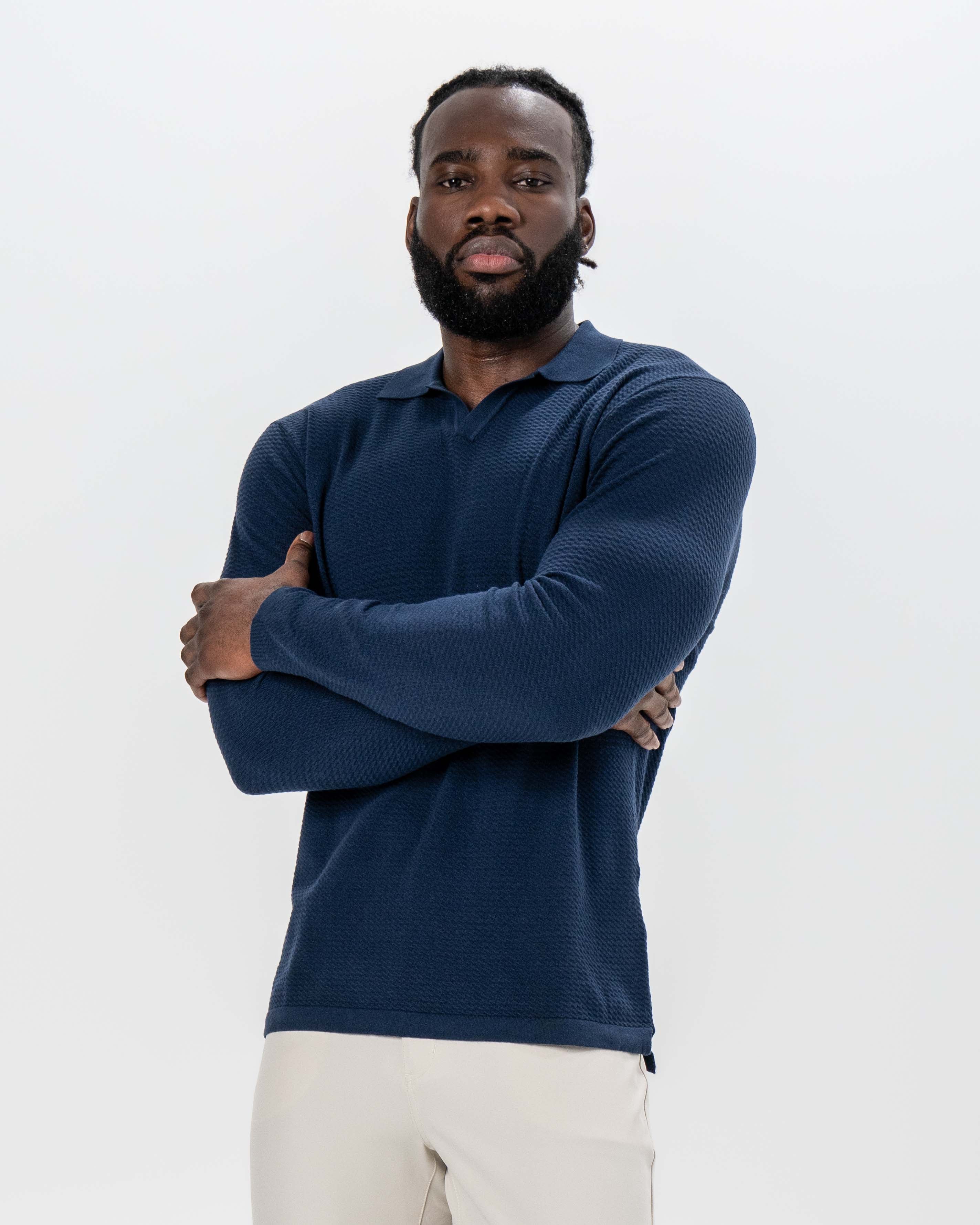 Textured Buttonless Long Sleeve Polo - Navy
