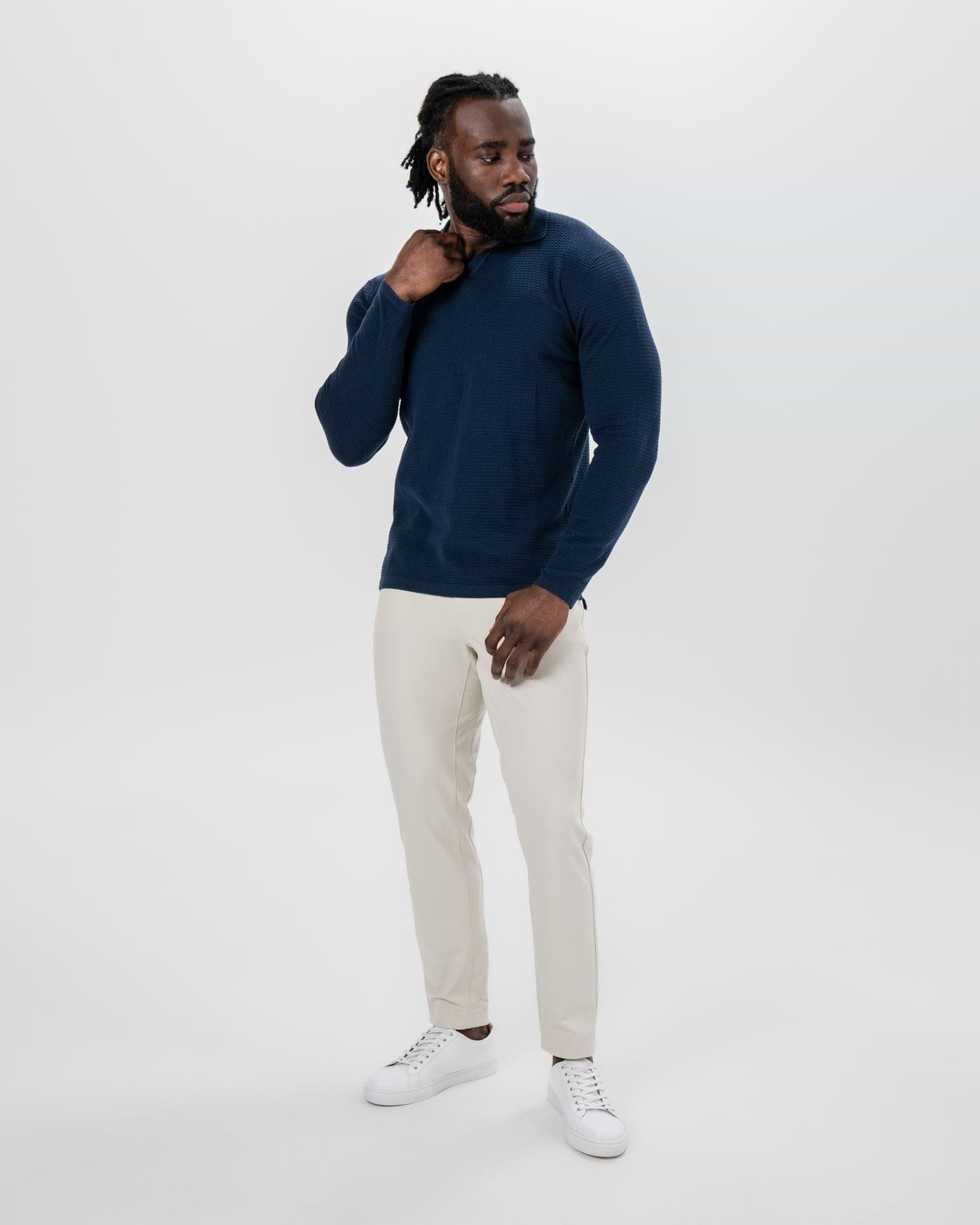 Textured Buttonless Long Sleeve Polo - Navy