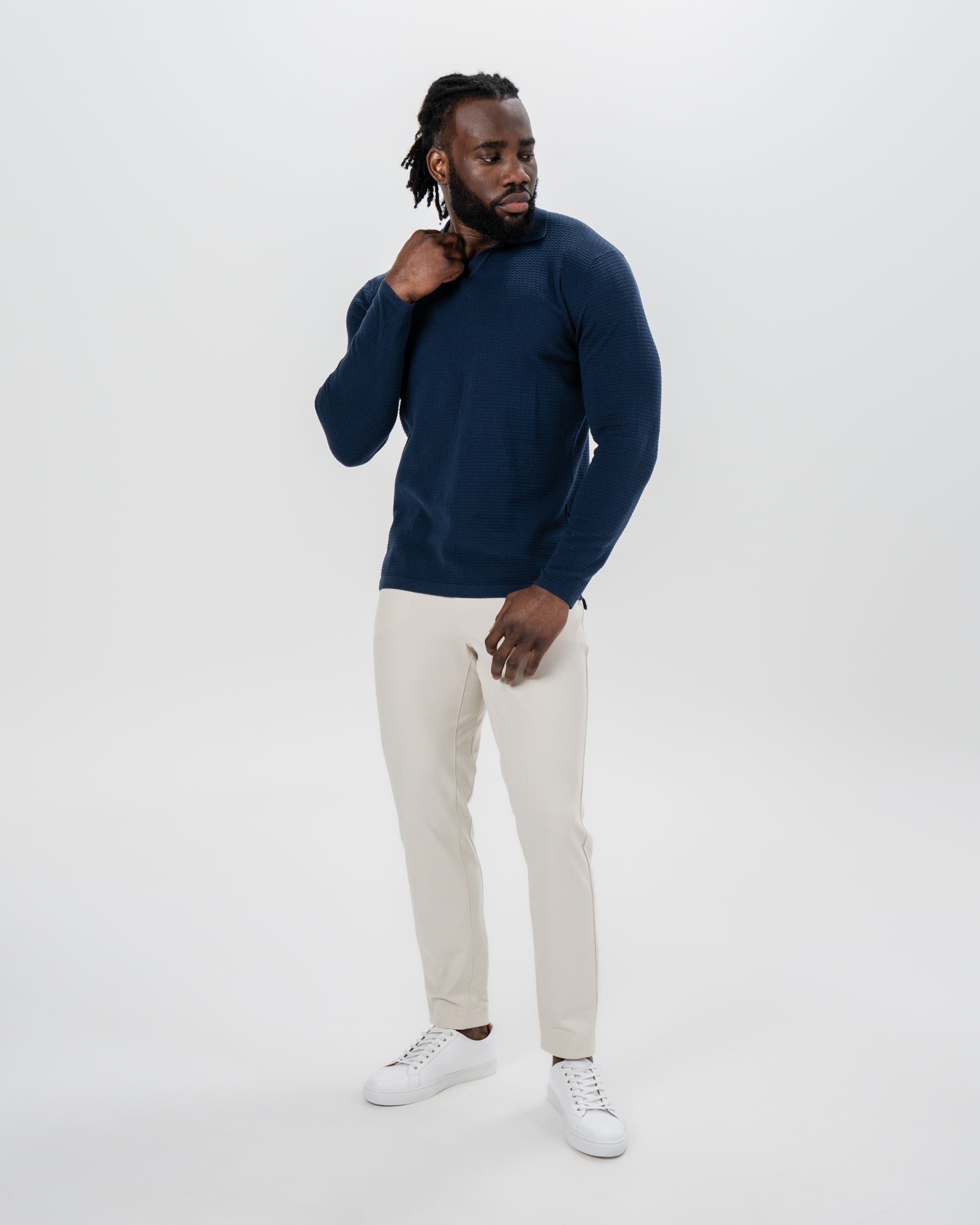 Textured Buttonless Long Sleeve Polo - Navy